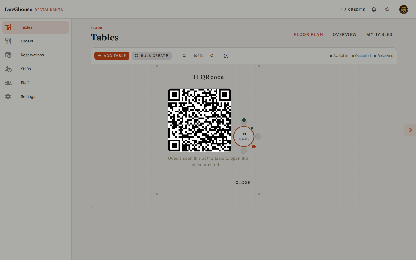 A table's QR code, ready to scan and print