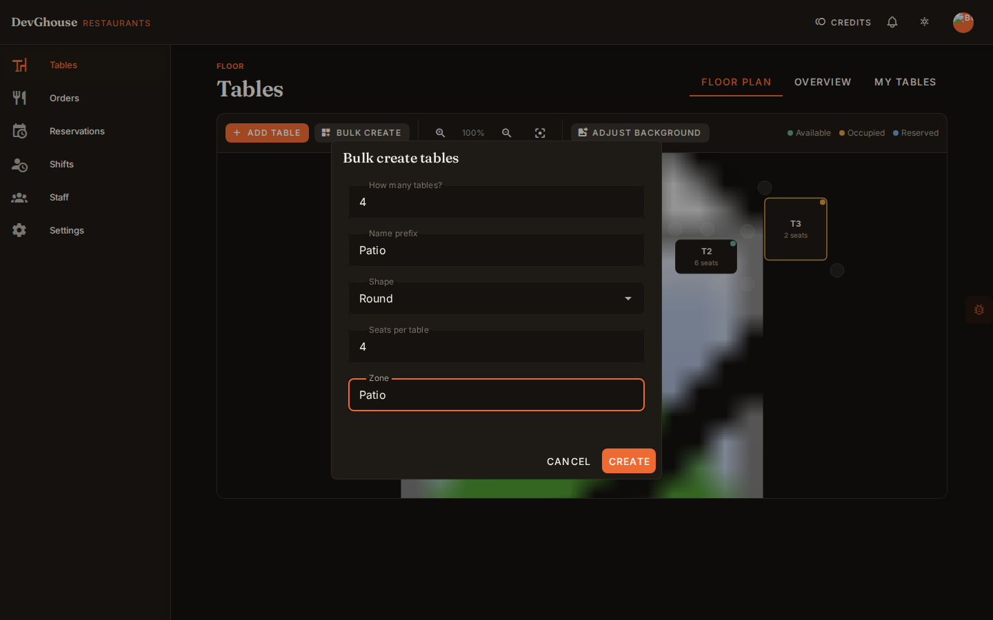 The Bulk create tables dialog, filled in for four round Patio tables at 4 seats each