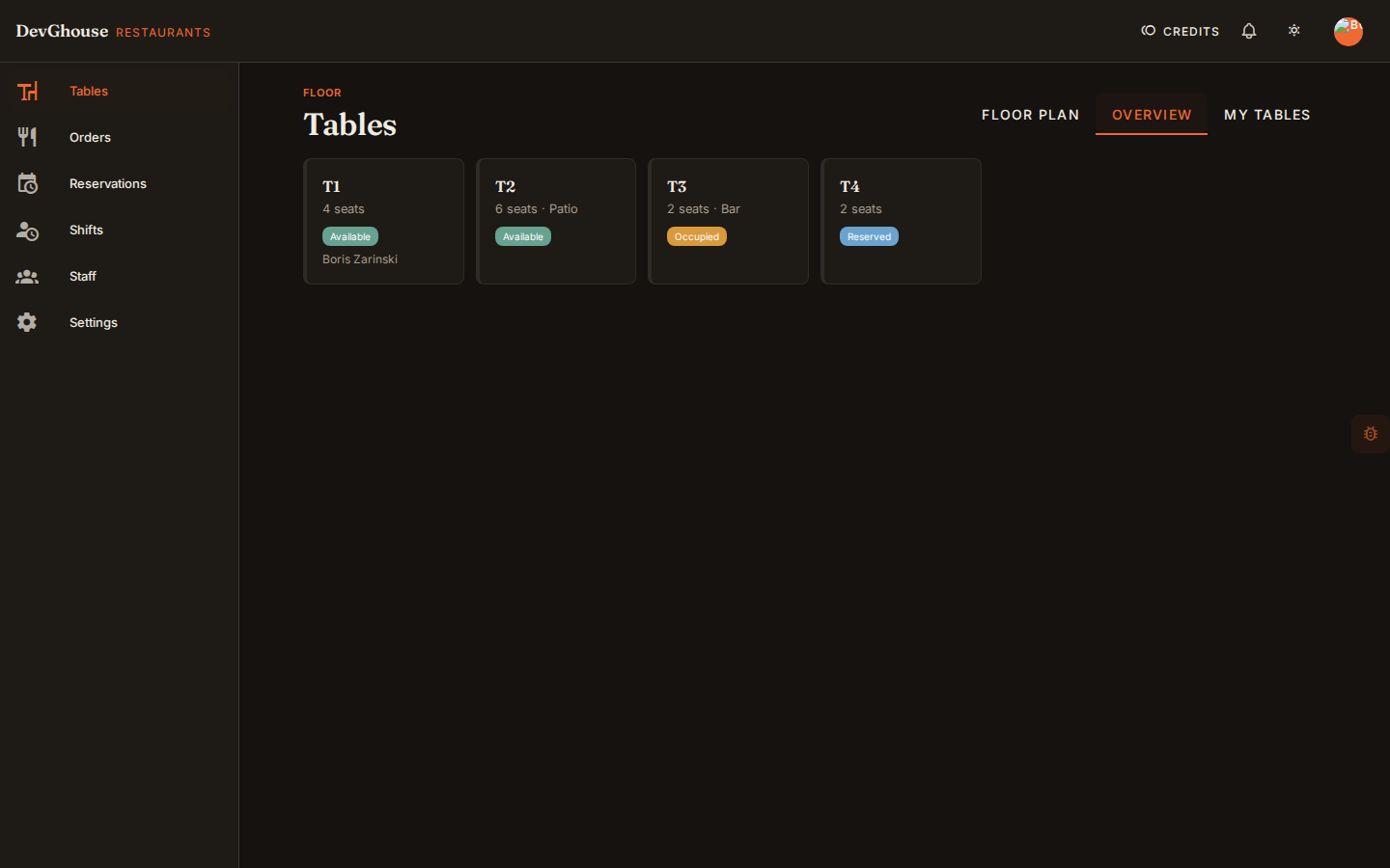 The overview tab: four table cards showing capacity, zone, status, and the waiter assigned to T1