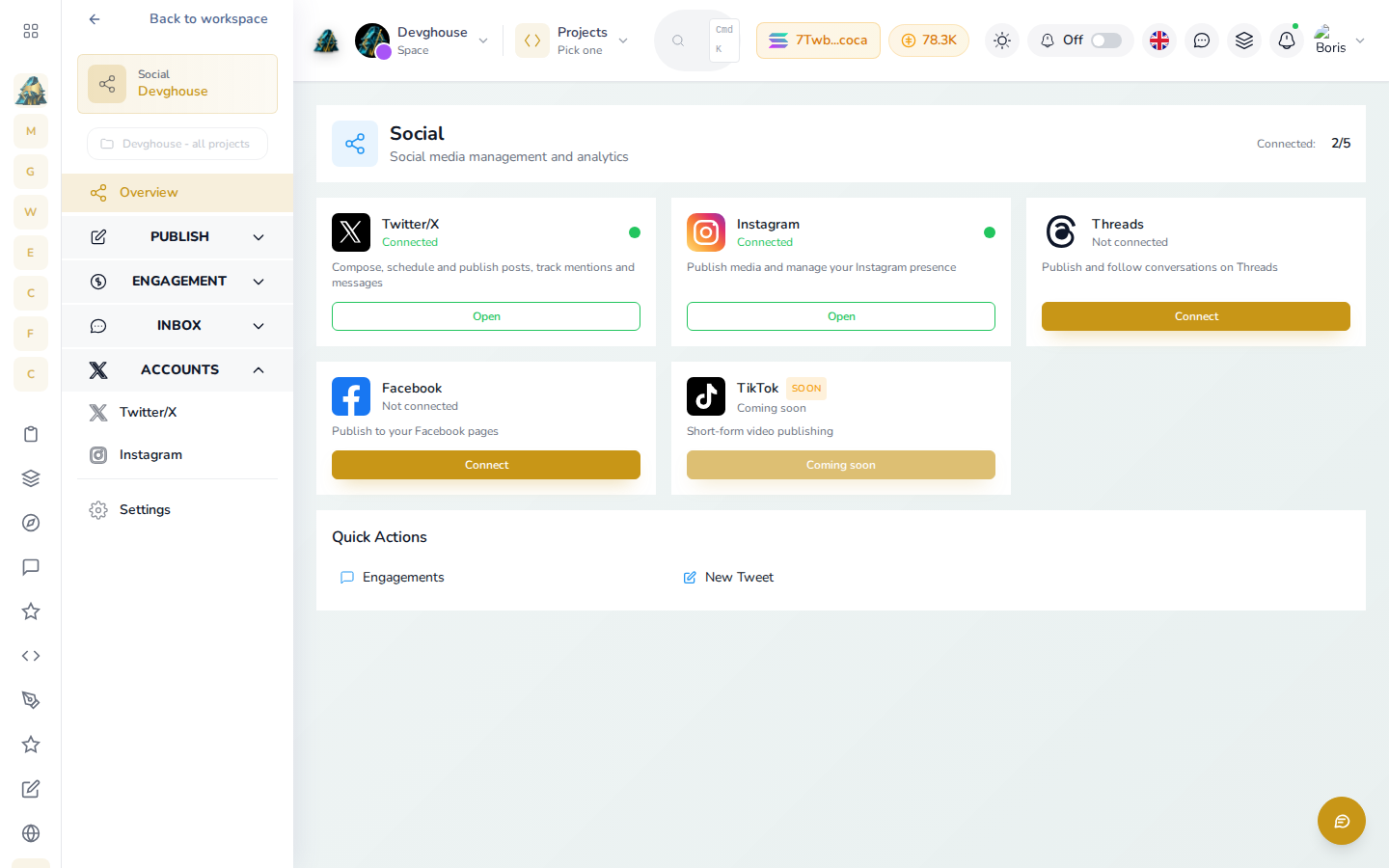The Social overview page for the DevGhouse workspace, with Twitter/X and Instagram both connected and their Open buttons live