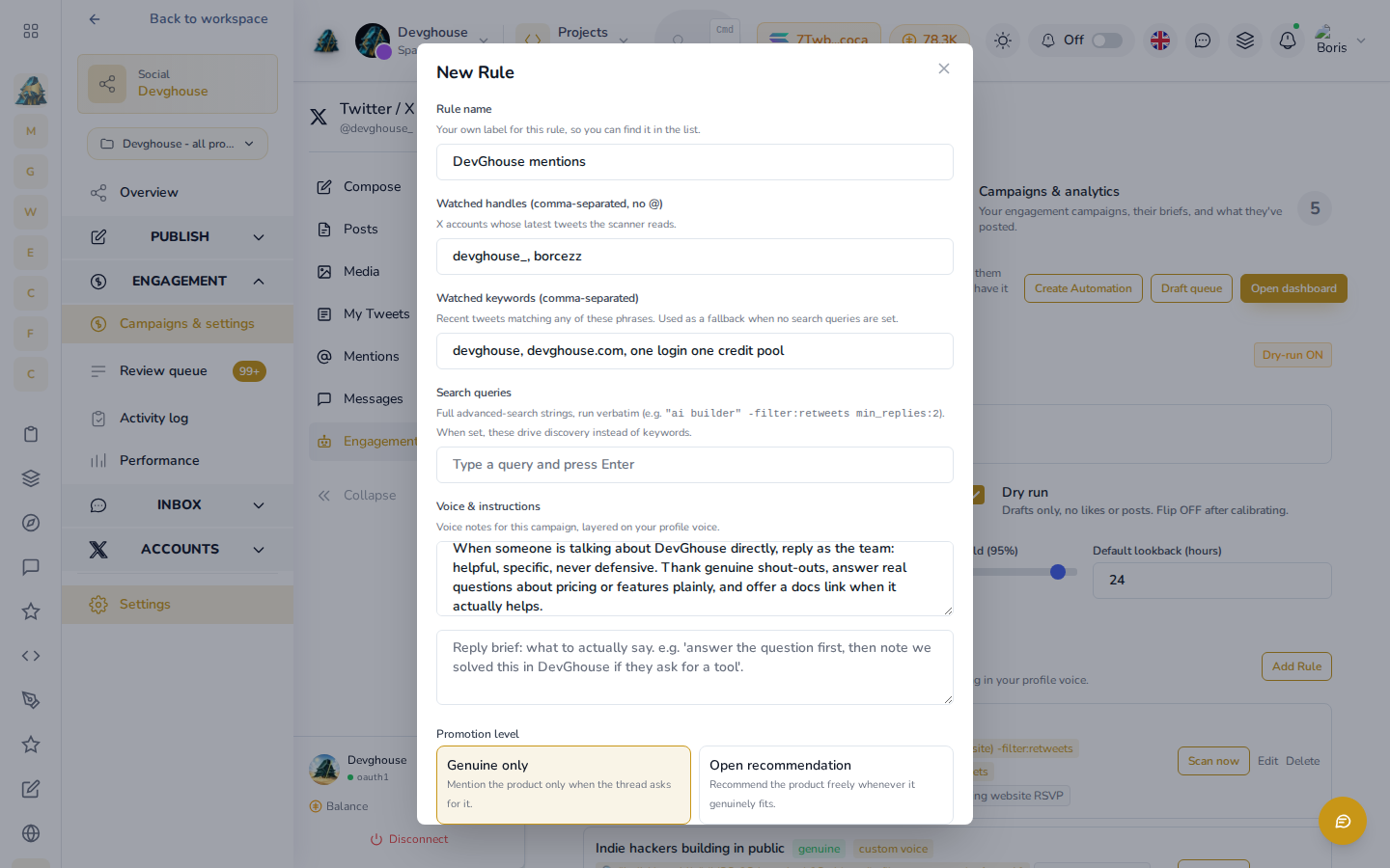 The New Rule form filled in for a DevGhouse mentions rule, with watched handles, watched keywords, a reply voice, and Genuine only selected