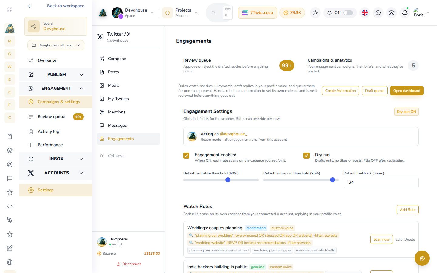 The Engagement Campaigns & settings page for DevGhouse, showing a 99+ Review queue, 5 Campaigns, Dry run on, and real Watch Rules including Weddings: couples planning and Indie hackers building in public