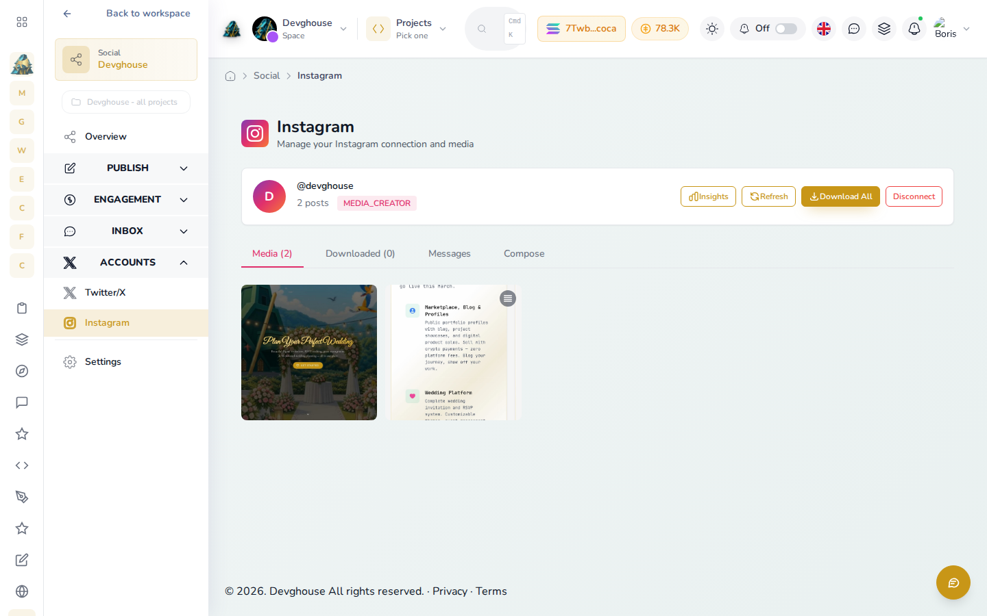 The Instagram account page for DevGhouse, connected as @devghouse with two real posts in the media grid