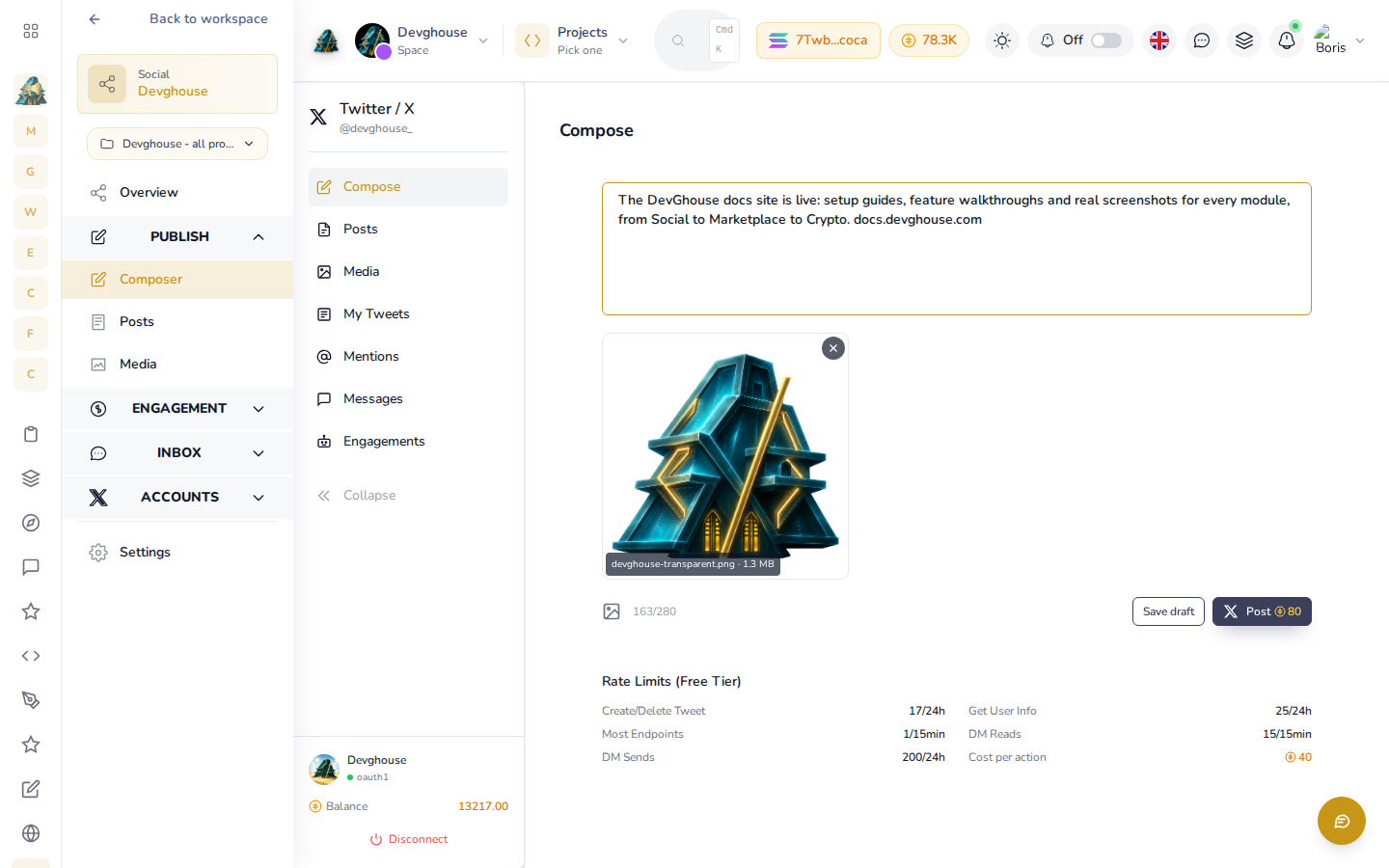 Composer for the DevGhouse account with a real draft tweet about the docs site typed in, the DevGhouse logo attached, and the character count showing 163/280