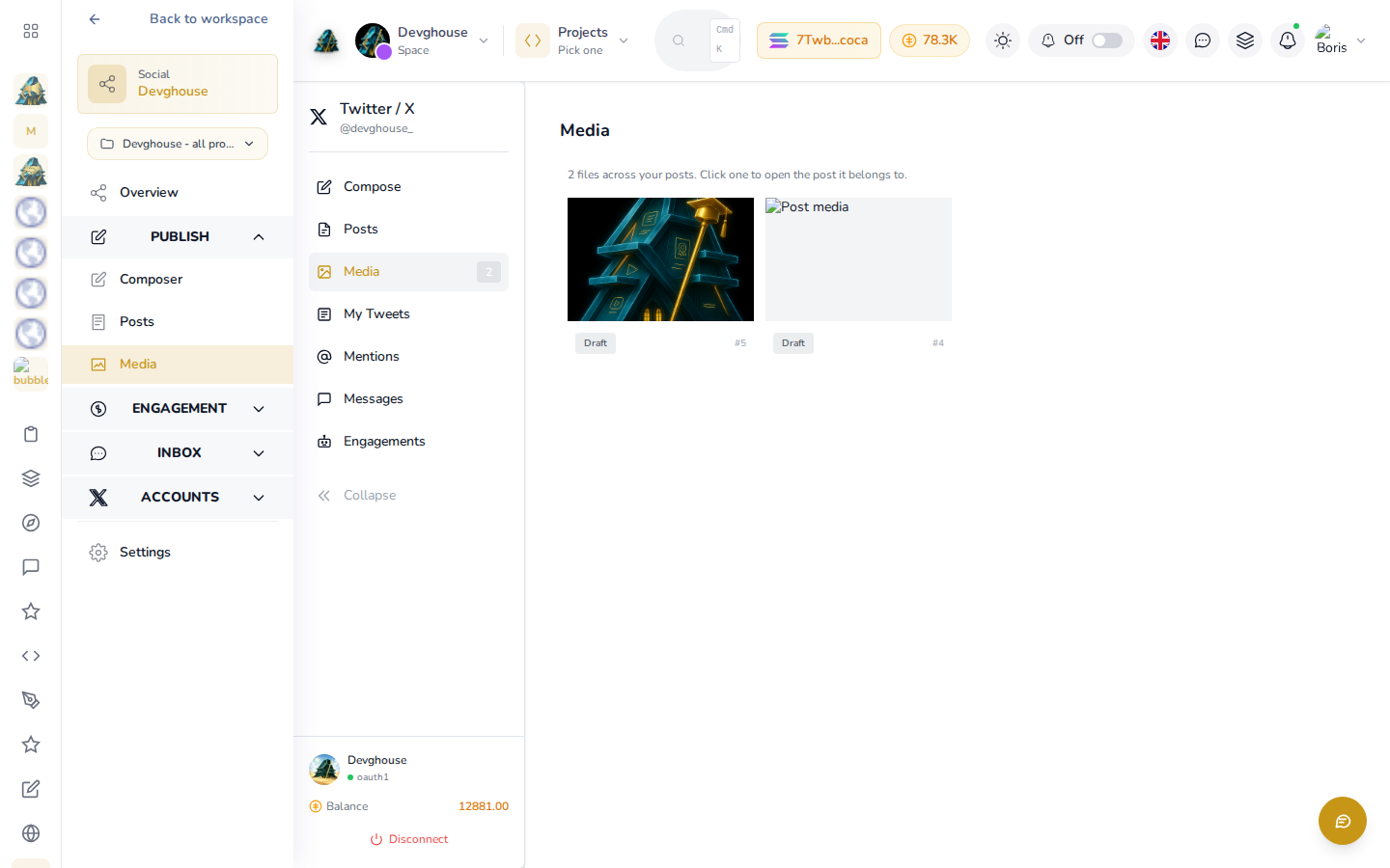 The Media page for the DevGhouse account listing 2 real files across its posts, each tagged with the draft it belongs to