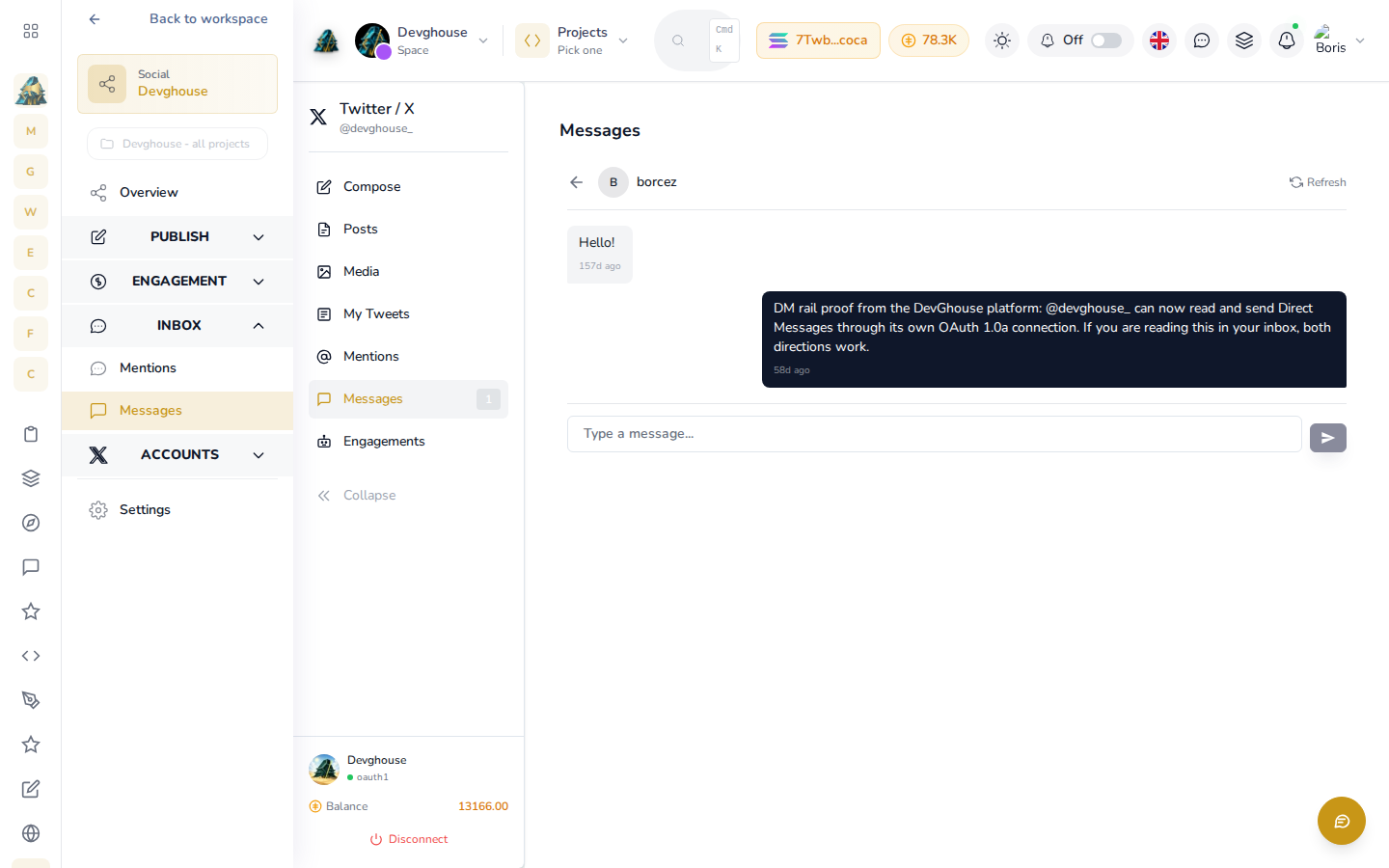 The Messages page for the DevGhouse account with a real conversation open, showing an incoming and an outgoing message