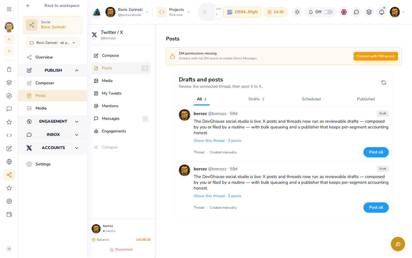 The Posts list showing two drafts, each with a thread indicator and a Post all button