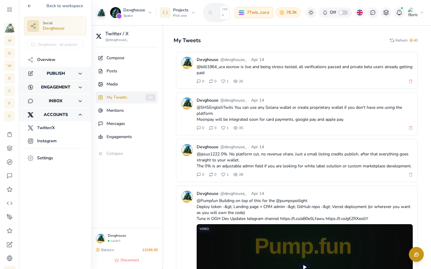 My Tweets for the DevGhouse account, showing 20 cached real tweets with their dates and engagement counts