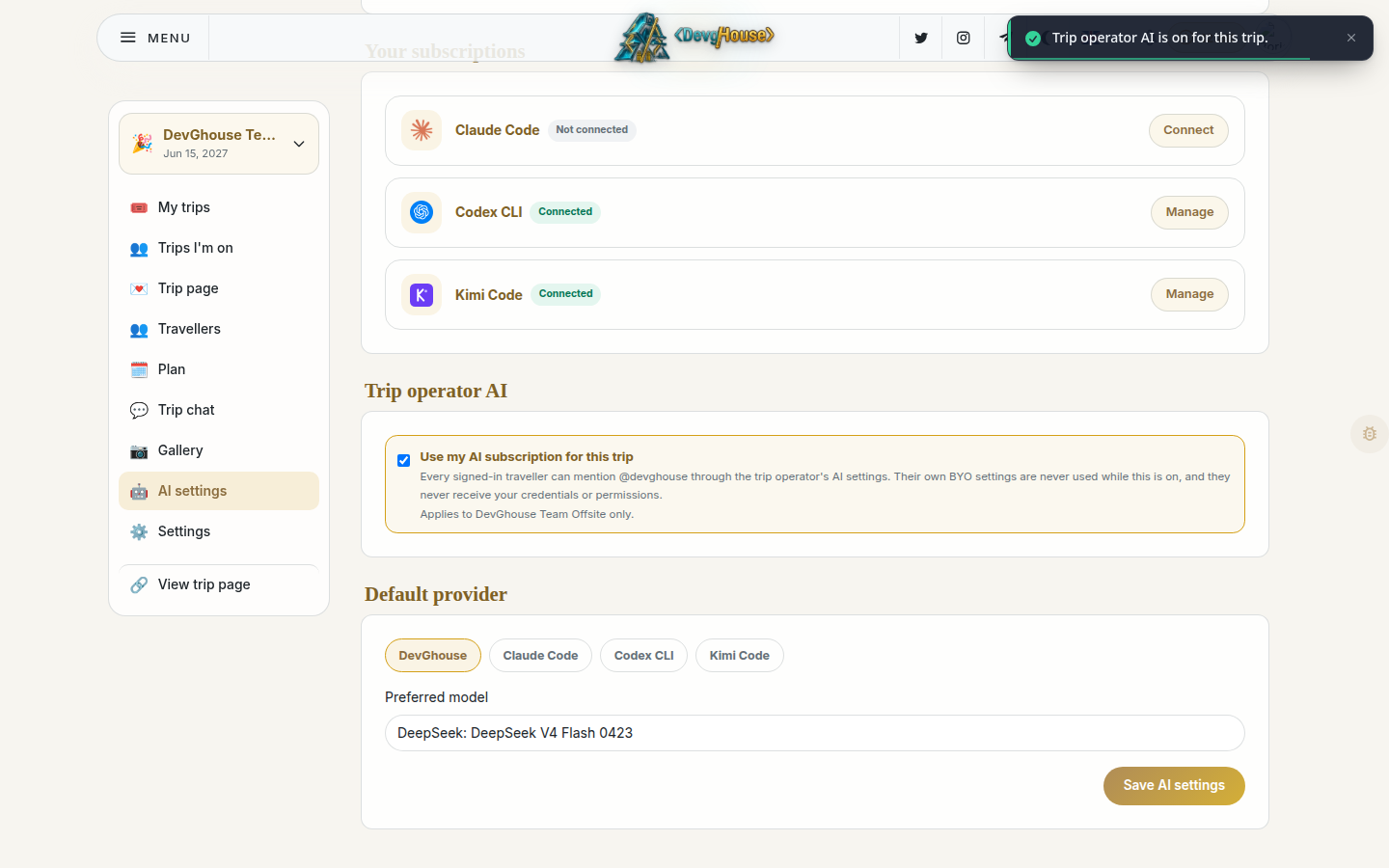 The AI settings page, showing connect buttons for Claude Code, Codex CLI, and Kimi Code, and the Trip operator AI checkbox turned on for this trip