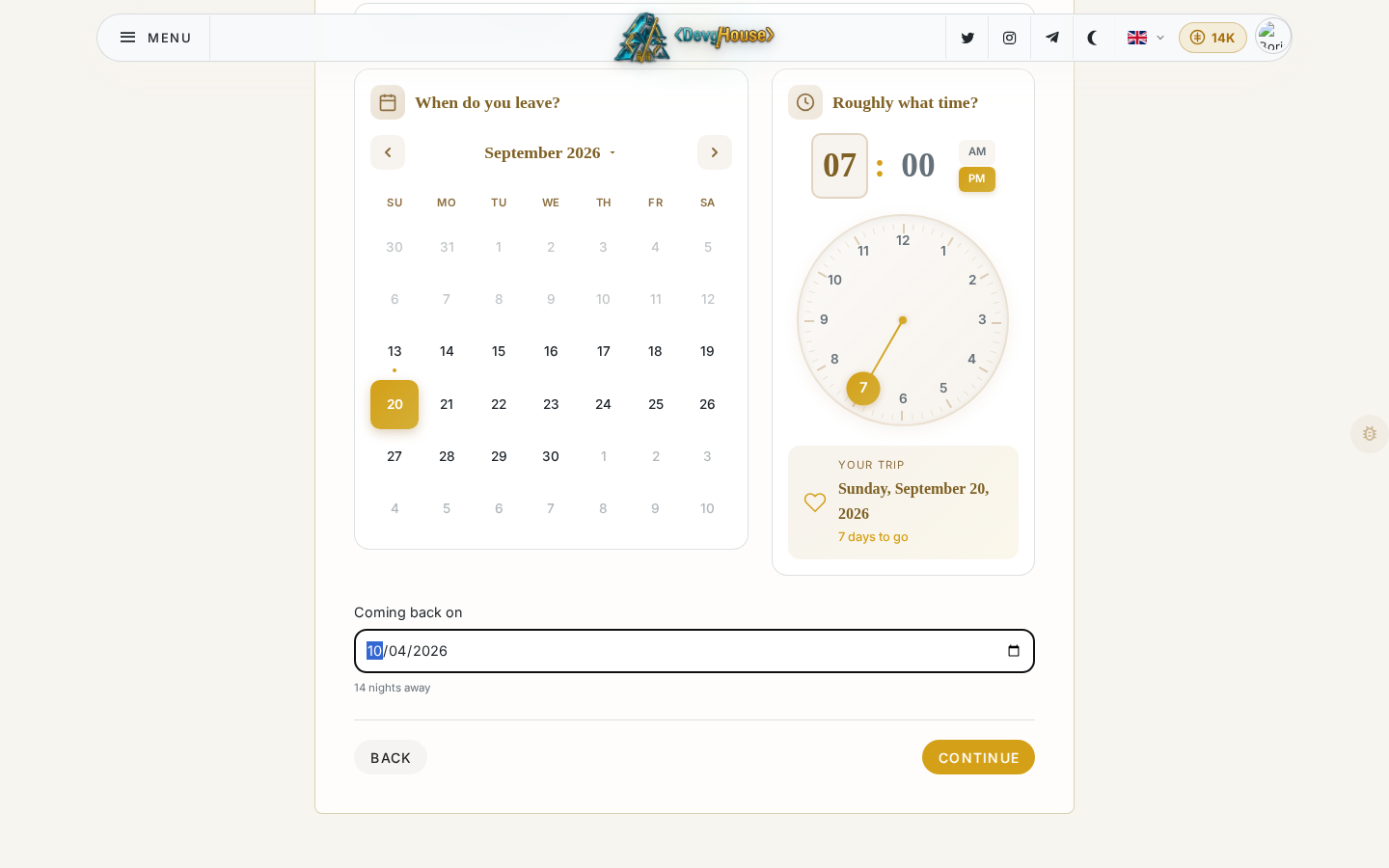 Step two of the create wizard: a calendar and clock for the departure time, plus a return-date field