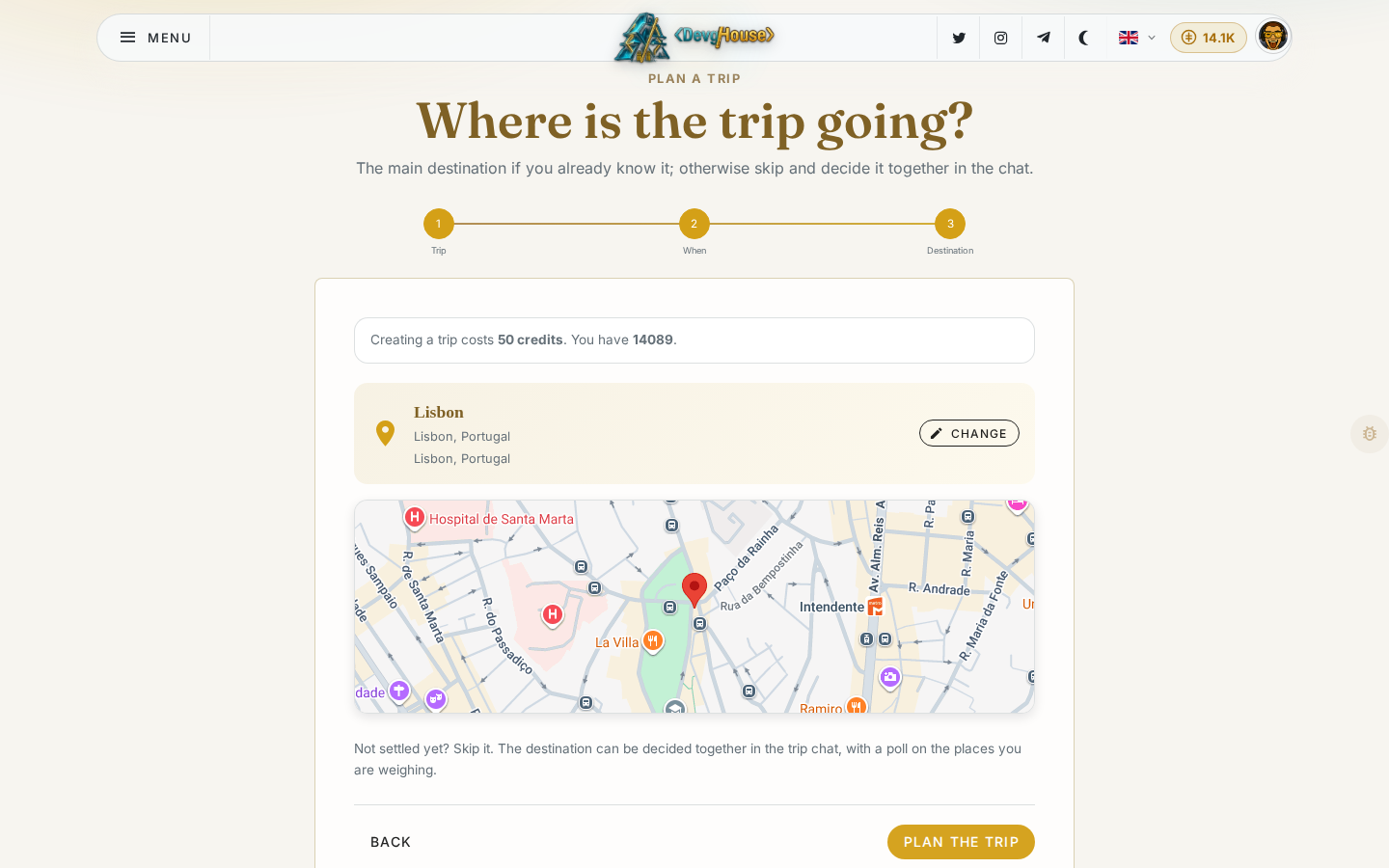 Step three of the create wizard: a destination search with the selected place shown on a map