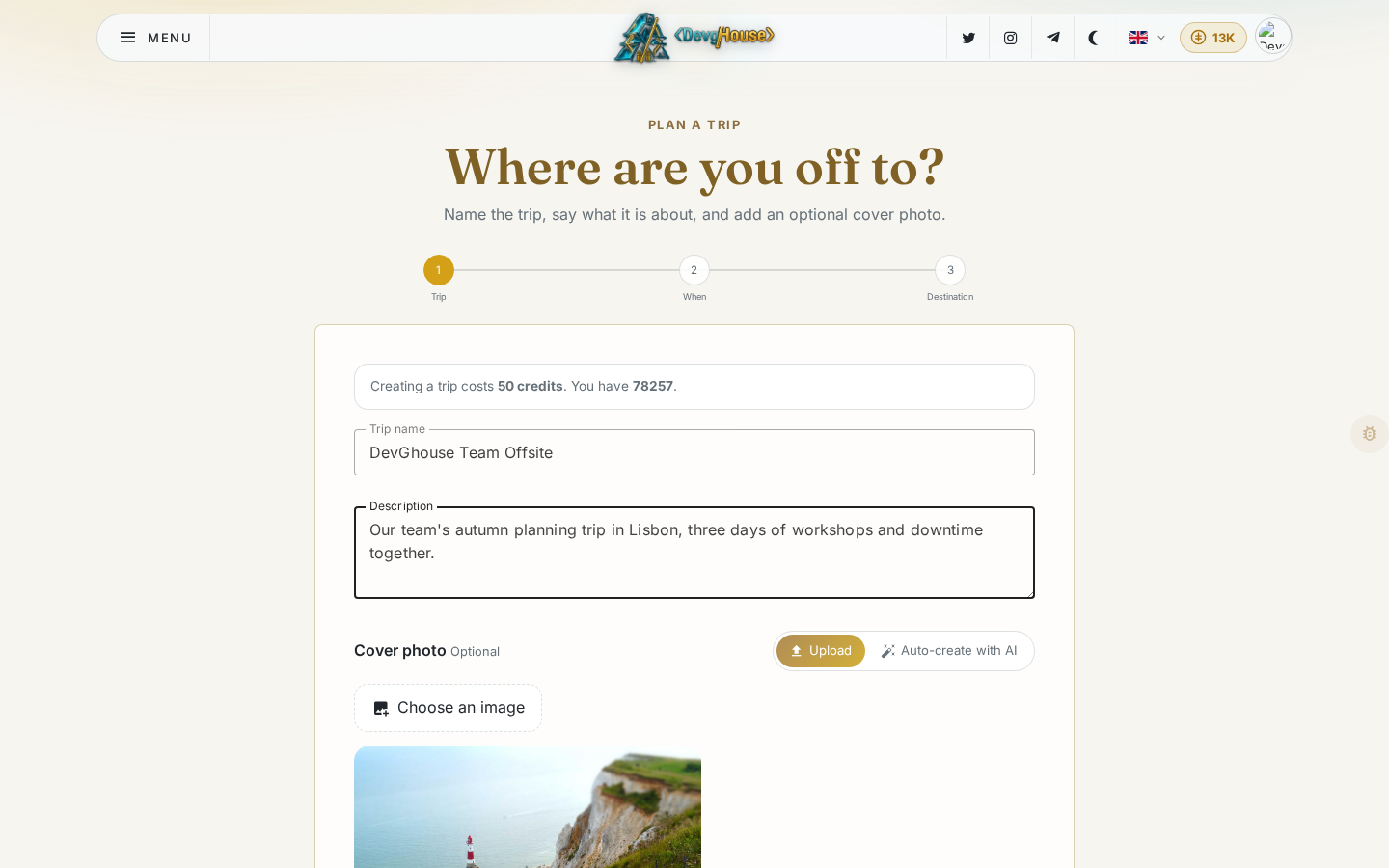 Step one of the create wizard, logged in with the credit balance visible: trip name and description filled in, a cover photo already uploaded and showing as a thumbnail, and a note showing how many credits creating a trip costs