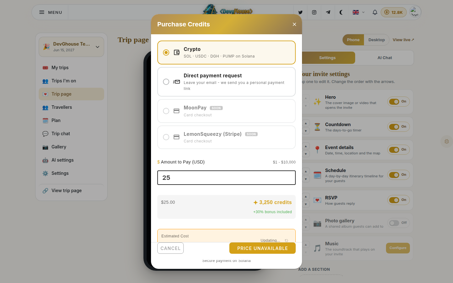 The credit top-up screen, logged in with the real account balance visible, a payment method selected and an amount entered