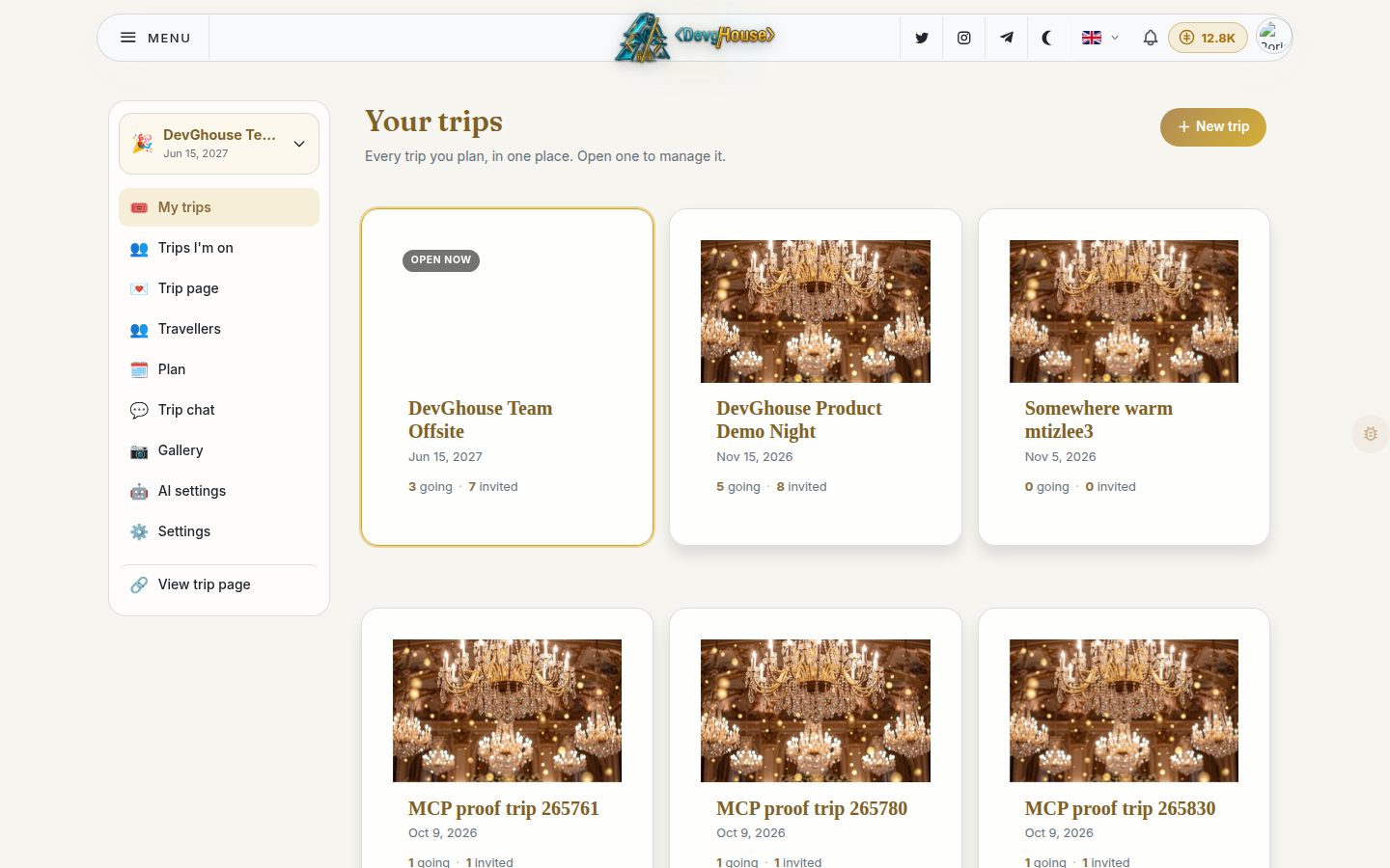 The My trips list, logged in, showing a real trip card with its cover, dates, and non-zero going and invited counts, alongside other trip cards
