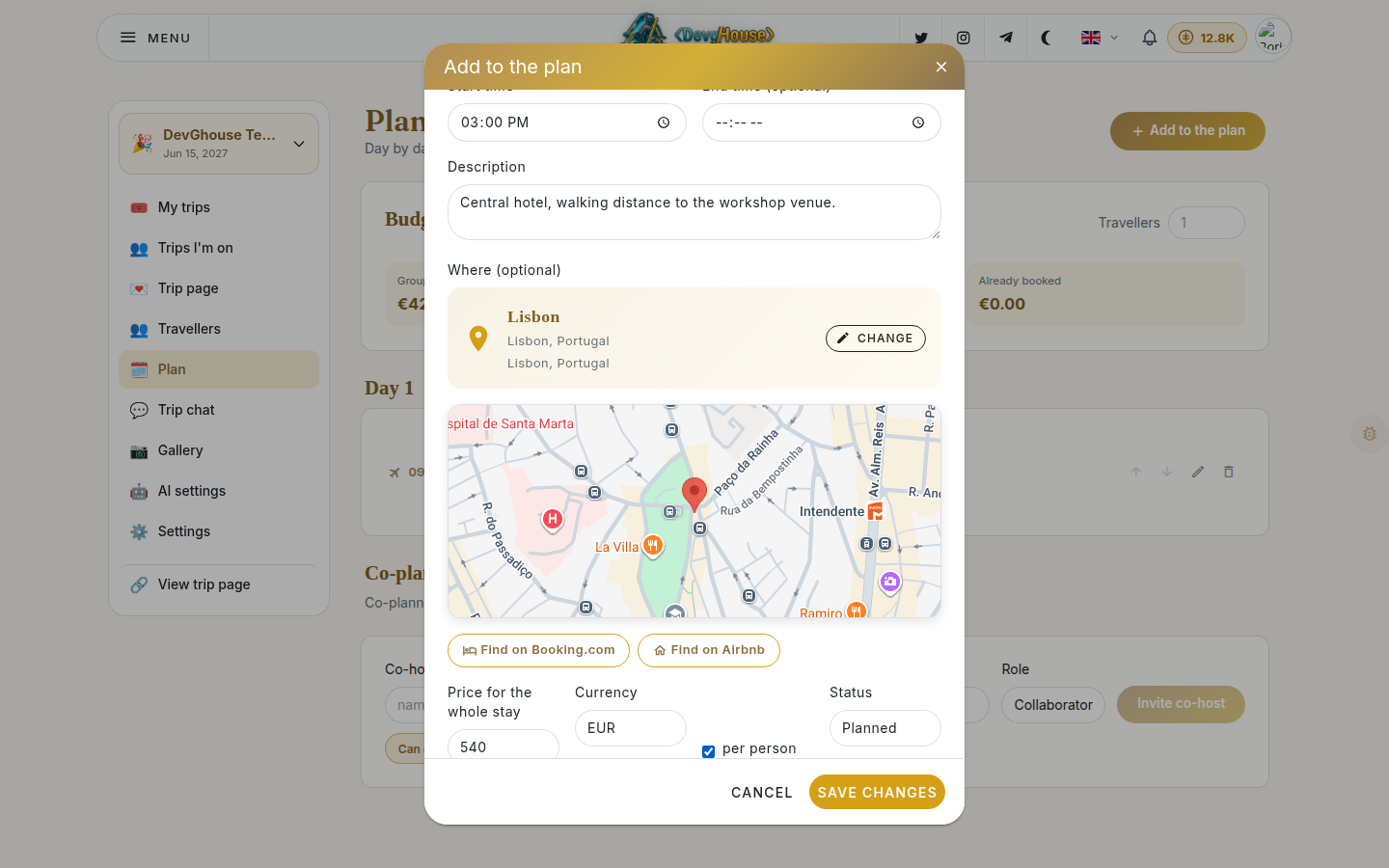 The add-to-plan dialog filled in for a stay, showing Find on Booking.com and Find on Airbnb links next to the price fields