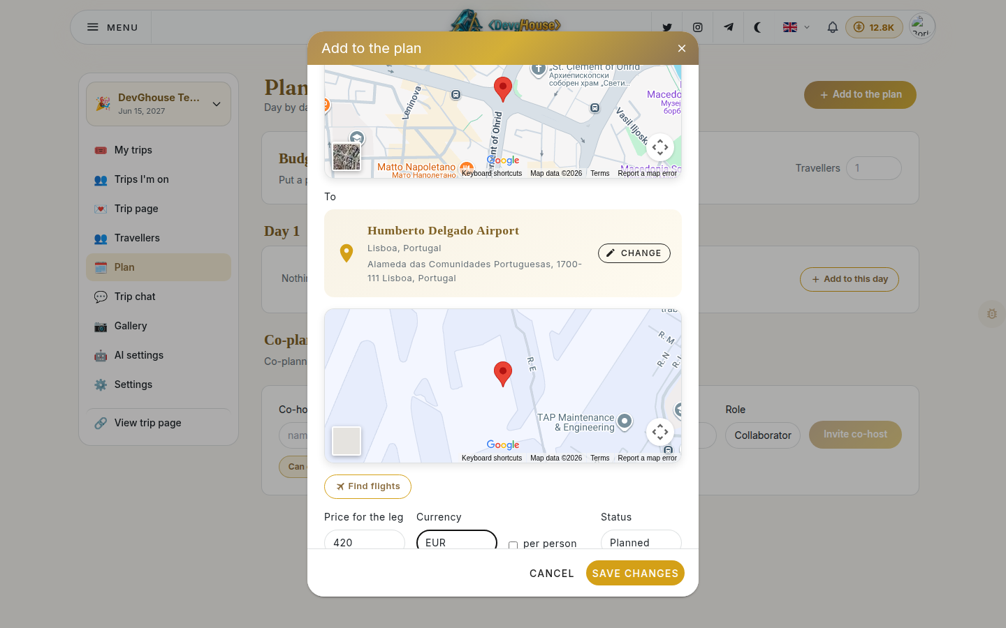 The add-to-plan dialog filled in for a flight leg, showing the destination on a map with a price and currency field