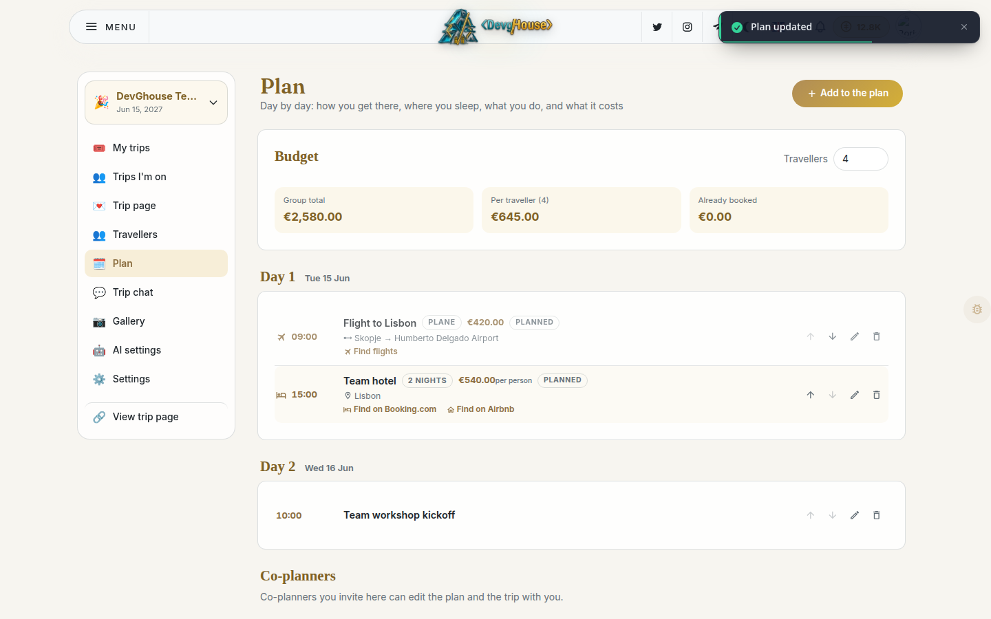 The Plan page with a flight and a hotel on Day 1 and a workshop on Day 2, plus a budget summary showing the group total split across several travellers
