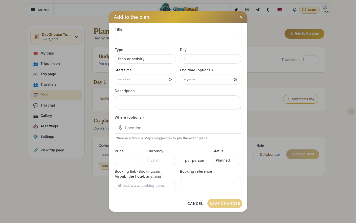 The Add to the plan dialog opening over a fresh Day 1 section, before anything has been filled in