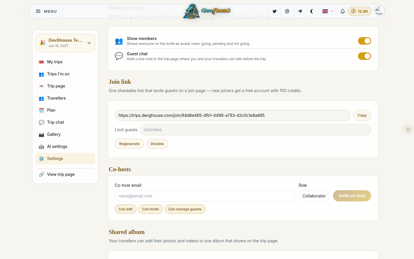 The Join link section with the link turned on: the URL, a Copy button, a limit field, and Regenerate and Disable buttons