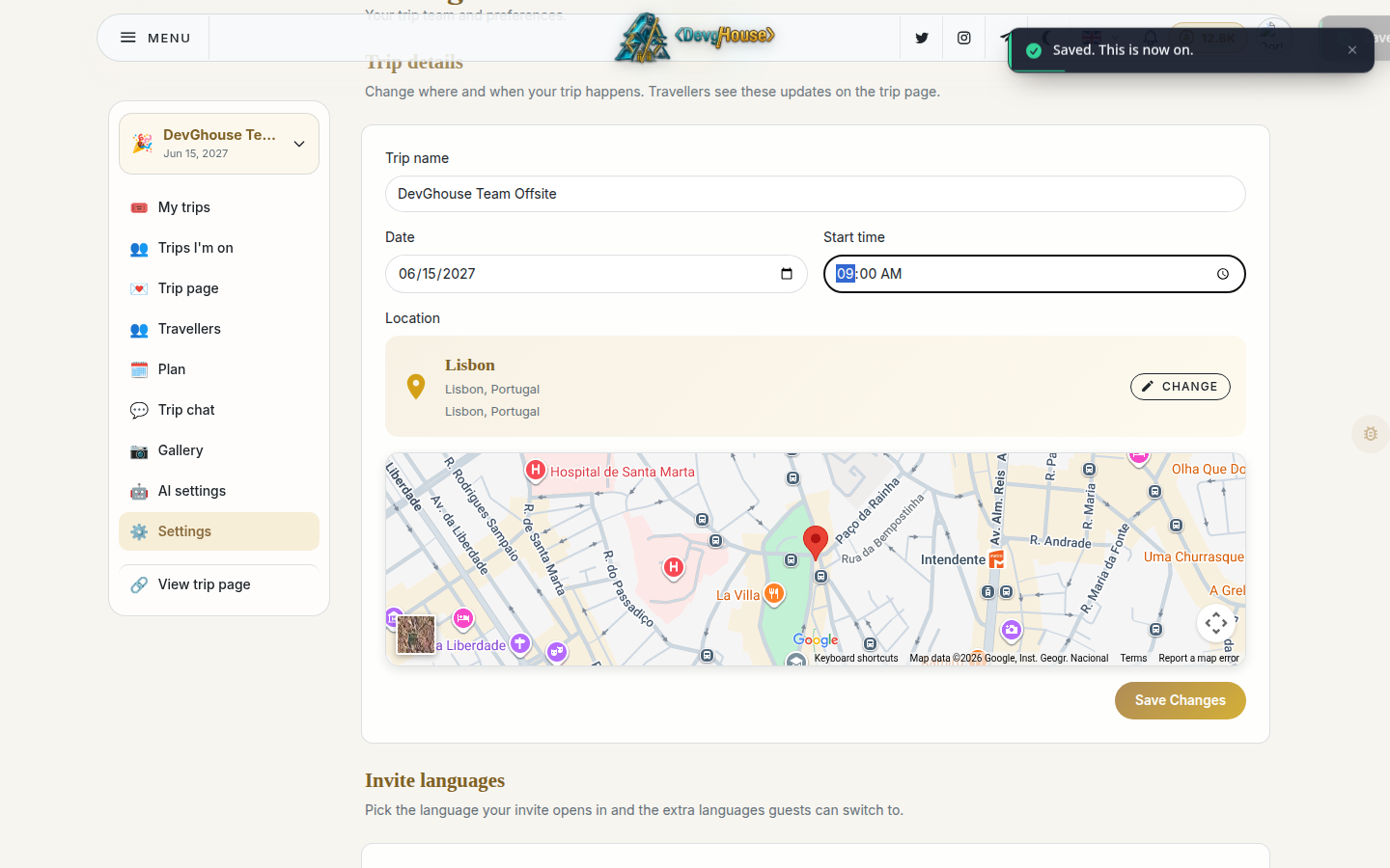 The Settings page mid-edit: trip name, a date and start time being changed, and the location map fully loaded with the pin settled, Save Changes in reach
