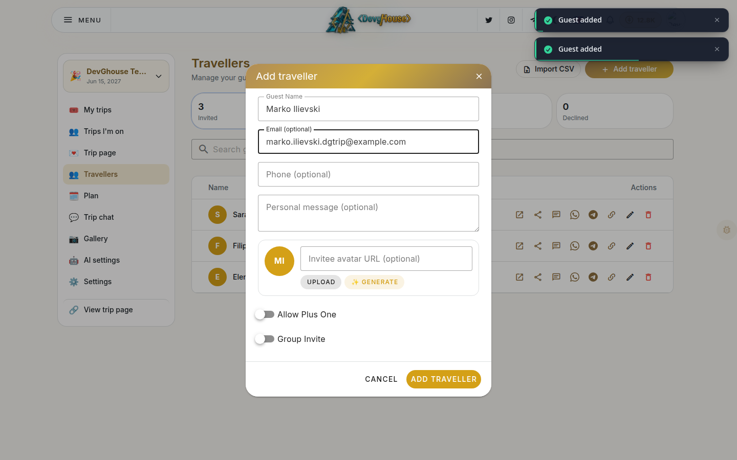 The Travellers page with several people added, the Add traveller dialog open and filled in over the populated list, and stats showing non-zero invited and accepted counts