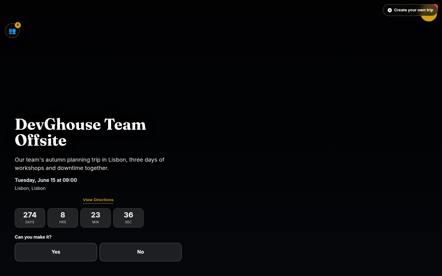 The public trip page for DevGhouse Team Offsite, showing the title, description, date, a countdown, and Yes/No RSVP buttons