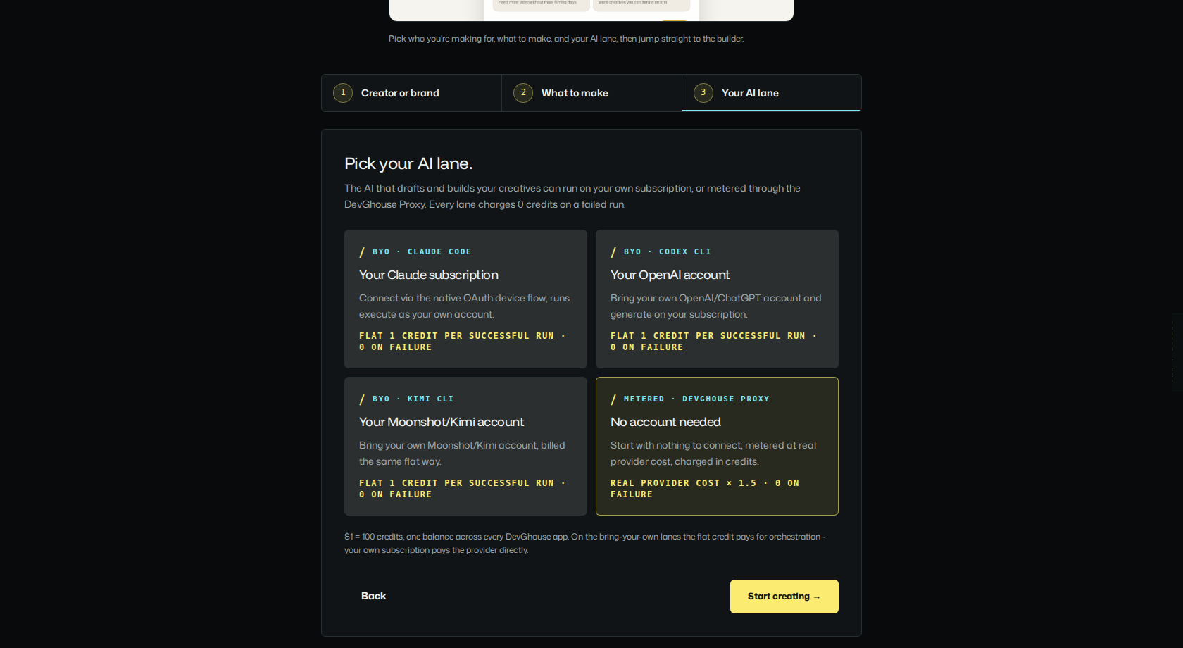 Quick start step 3: AI lane picked, Start creating live