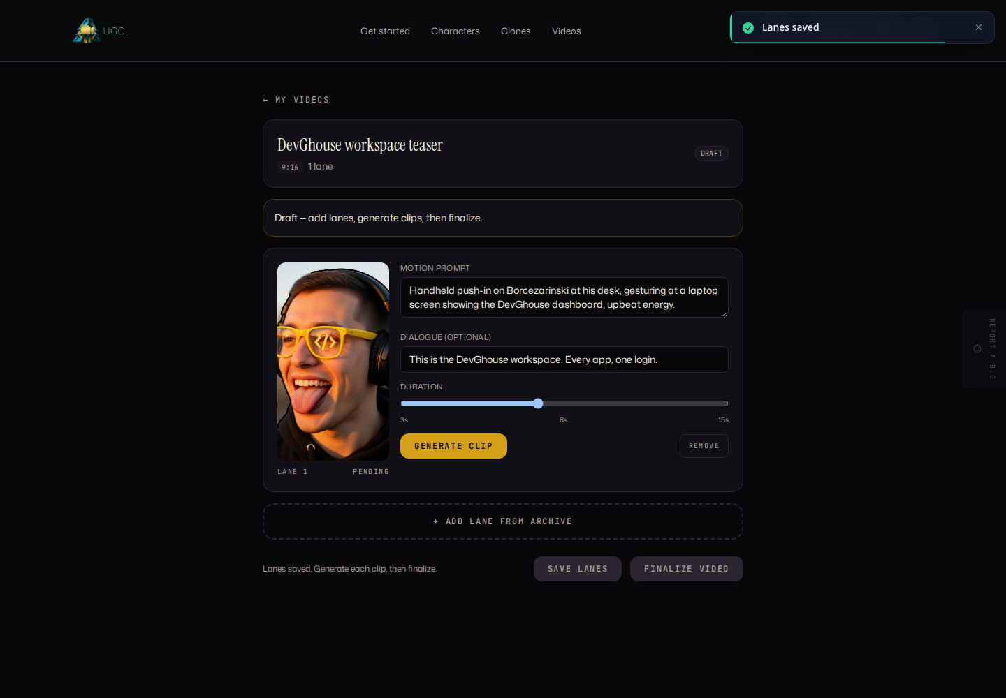 The lane editor, one lane added, saved