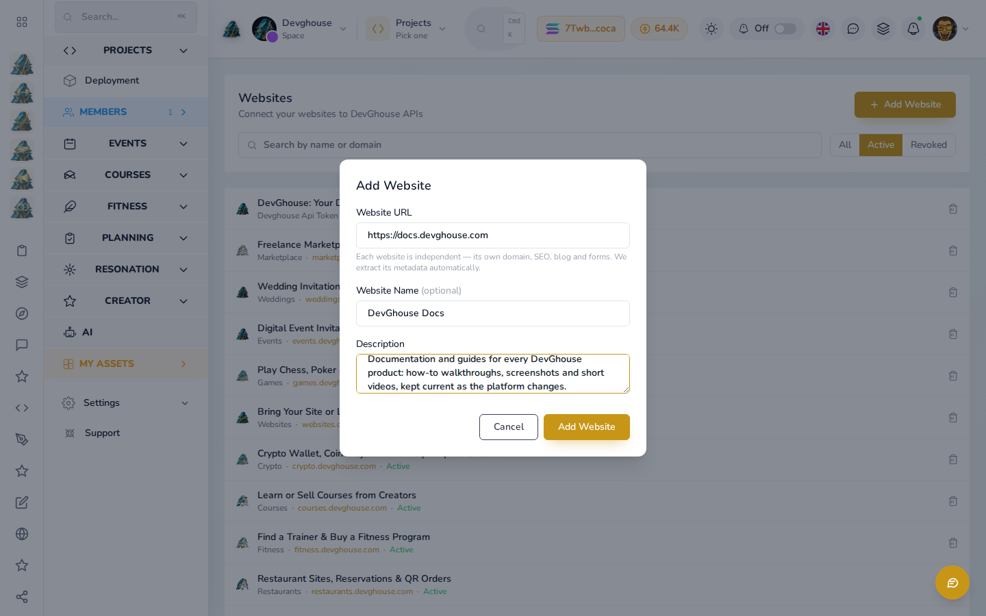 The Add Website form filled in for DevGhouse Docs
