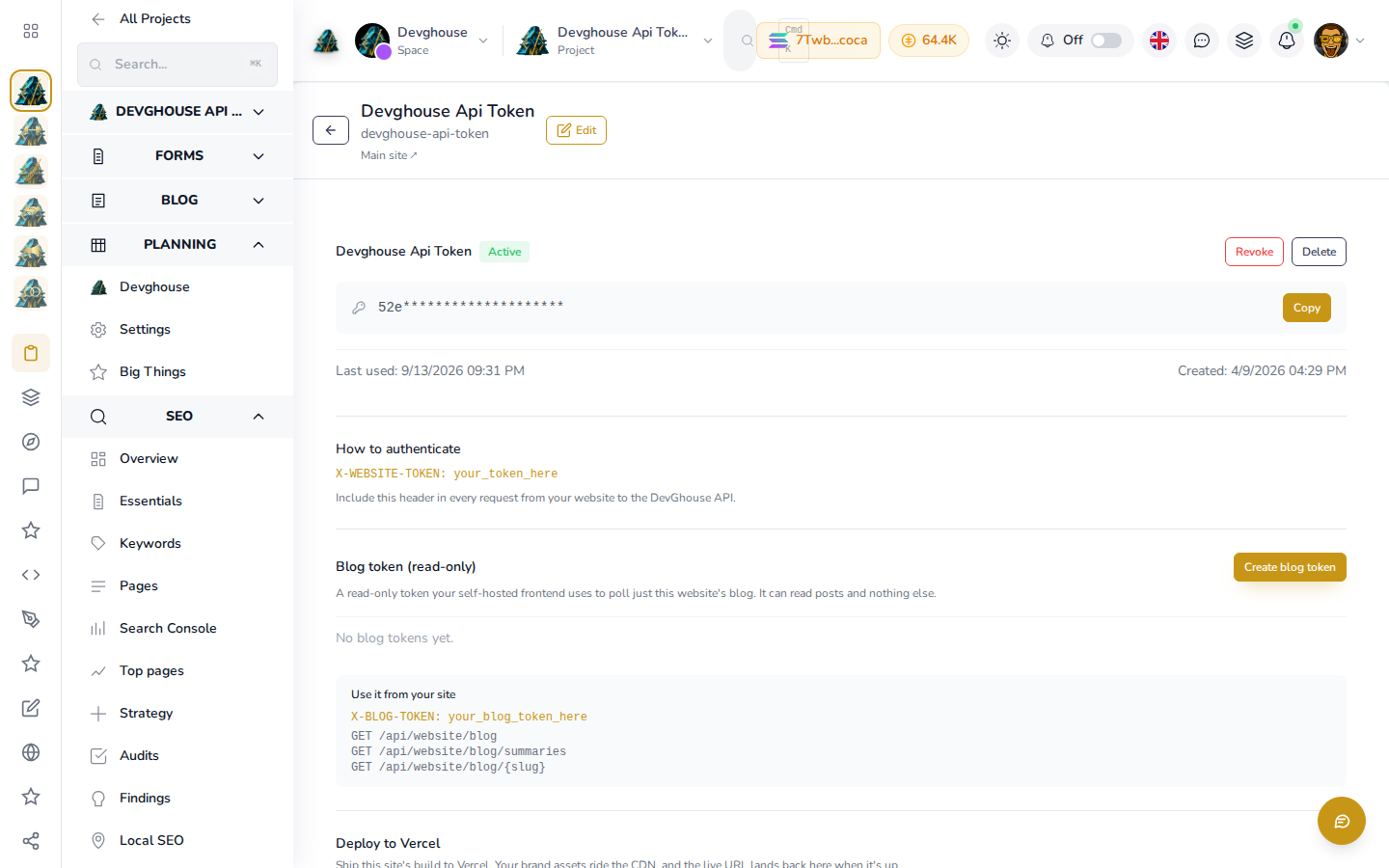 A website's API token panel for devghouse.com, showing real usage