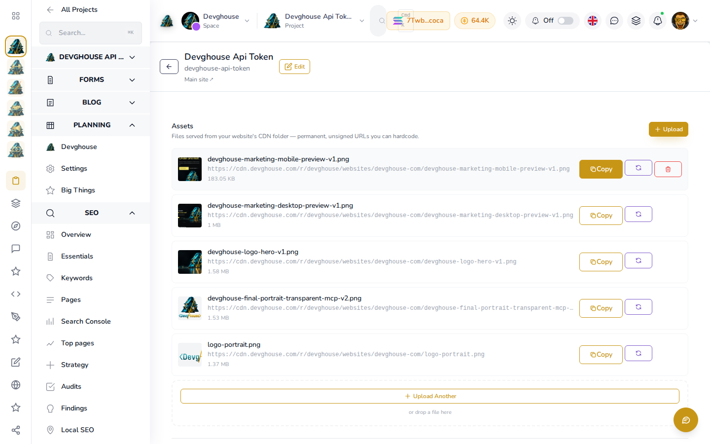 The Assets grid for devghouse.com: real uploaded files with names, sizes and permanent CDN URLs