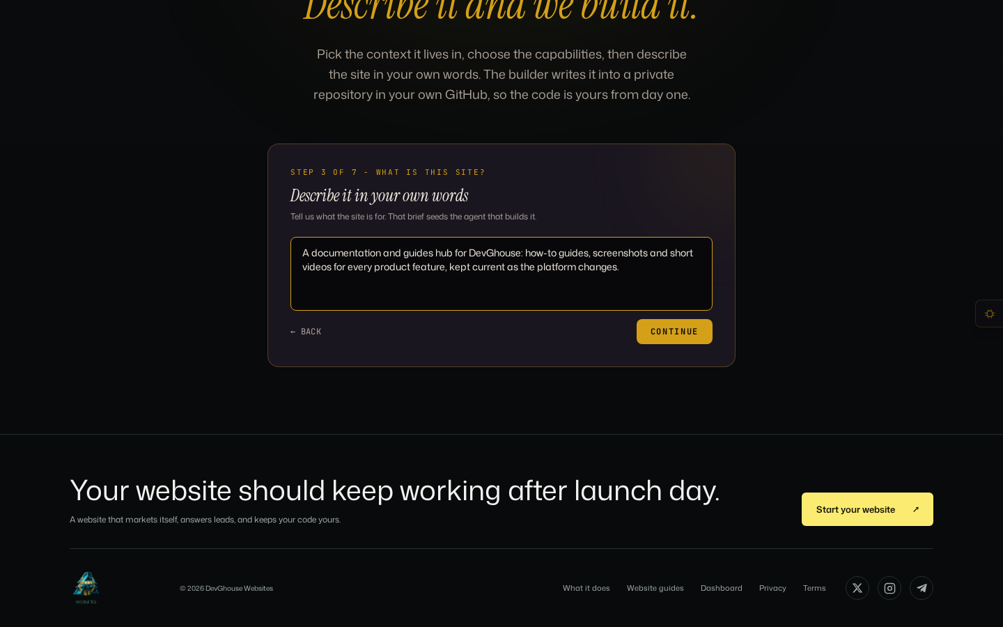 Step 3 of the build wizard, described for a real DevGhouse Docs site