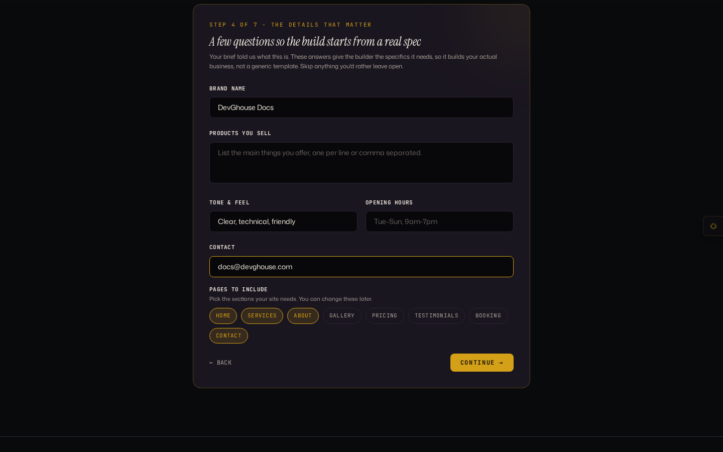 Step 4 of the build wizard filled in for DevGhouse Docs