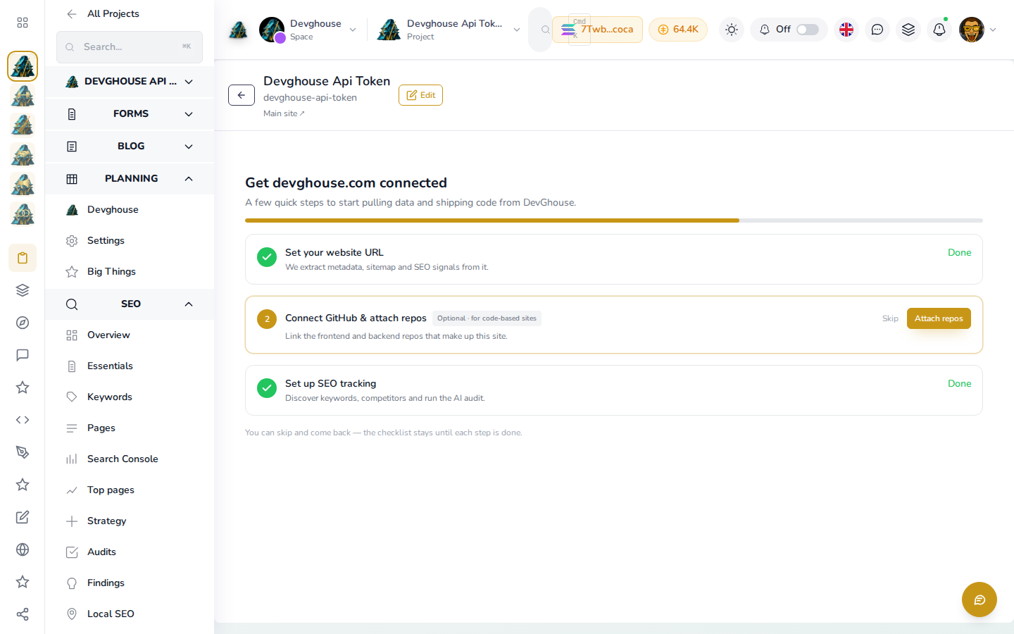 The connect checklist on devghouse.com, two of three steps done