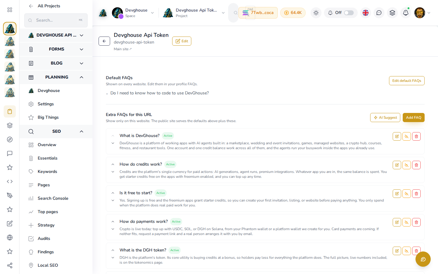 The FAQs tab for devghouse.com: one default FAQ plus several extras, all expanded and Active