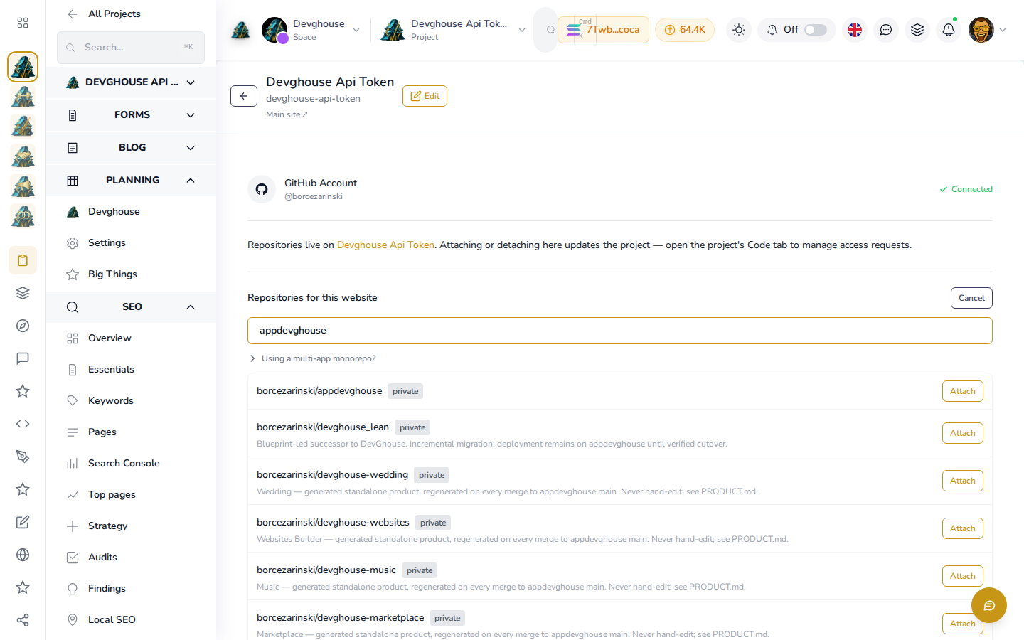 The Code section for devghouse.com: GitHub connected, and the repository picker open with the site's real repo found