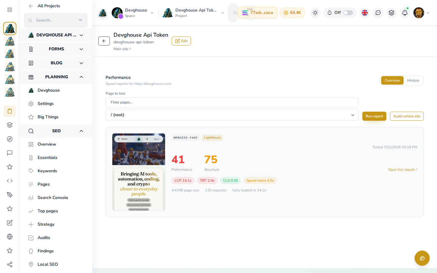 A finished Performance report for devghouse.com: score, Core Web Vitals, page size and load time