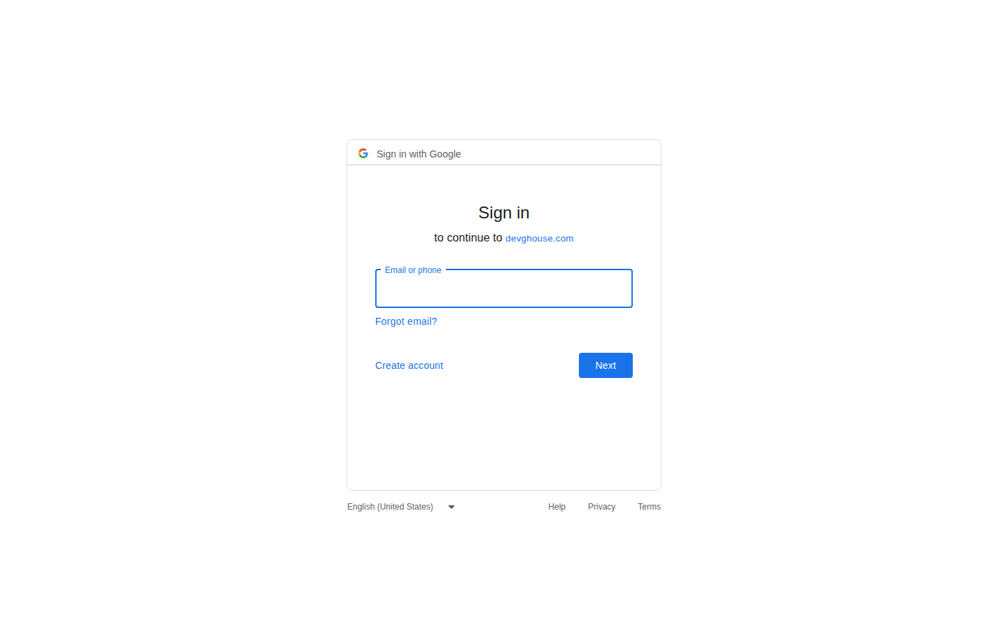 Google's real sign-in screen, reached by clicking Connect Search Console for devghouse.com