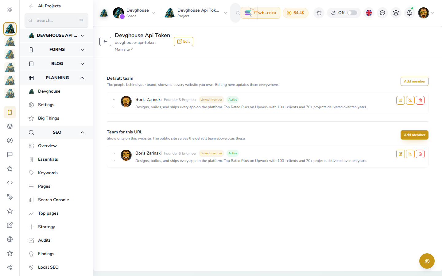 The Team section for devghouse.com: Boris Zarinski listed as both a default and a URL-specific member