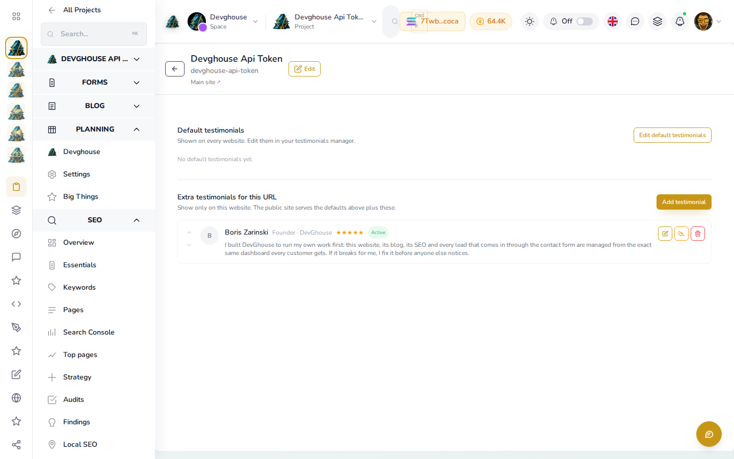The Testimonials tab for devghouse.com, with a real testimonial saved