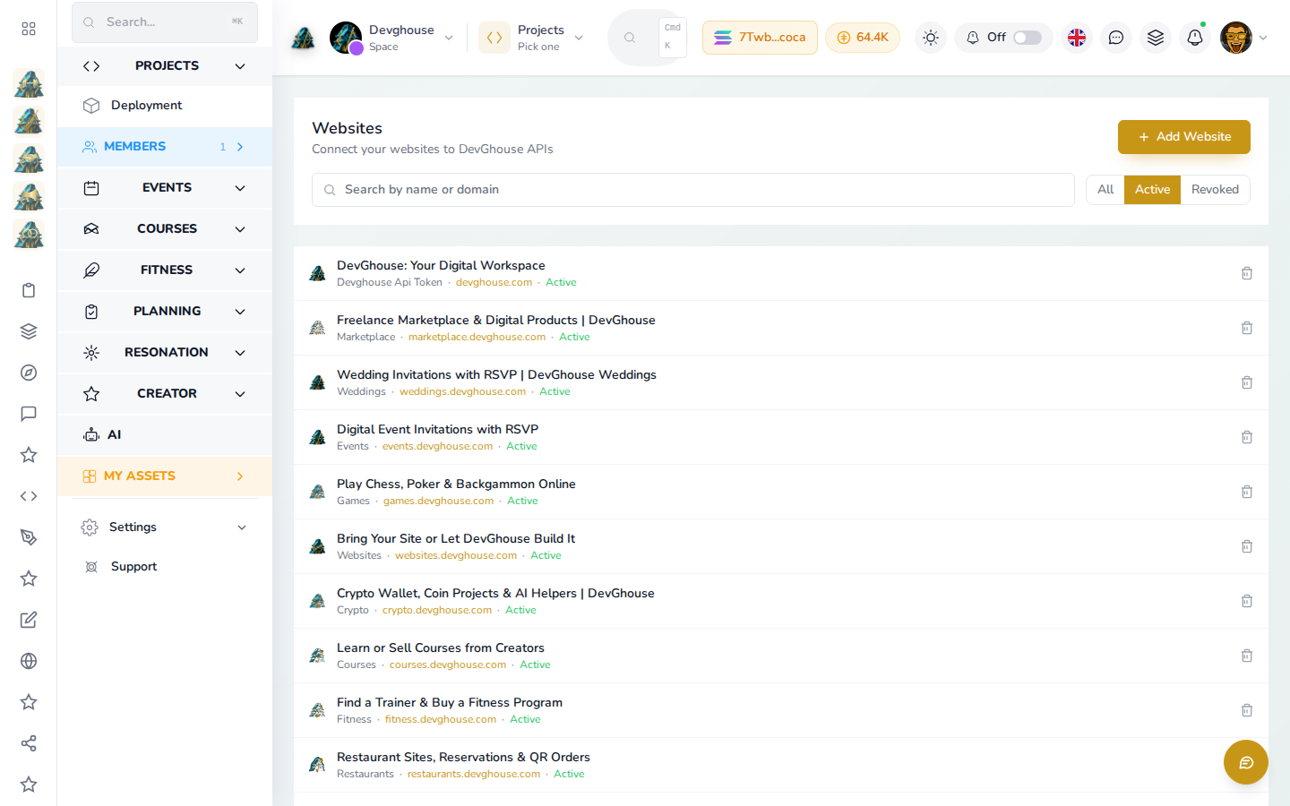 The Websites list, showing every real DevGhouse site connected in this realm