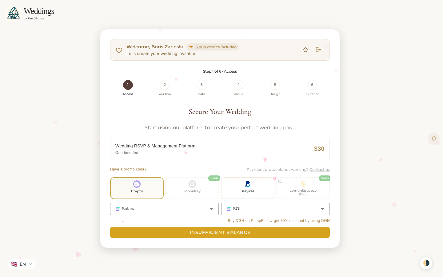 Step 1 of 6, Access, signed in as a real account: the $30 entry fee, Crypto picked as the payment method, and Solana/SOL chosen underneath