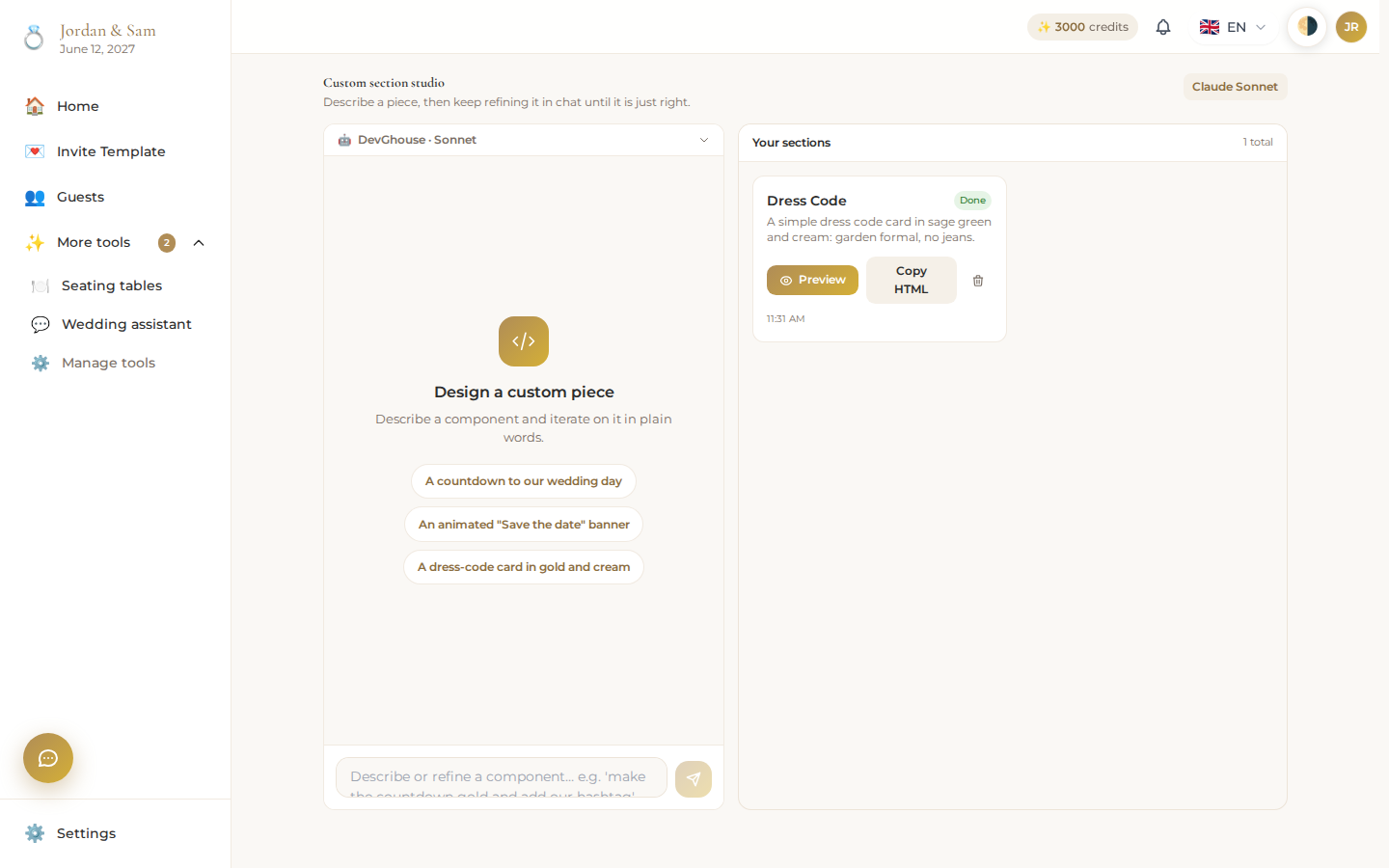 The custom section studio: a chat on the left with starter prompts, and a finished "Dress Code" section marked Done on the right