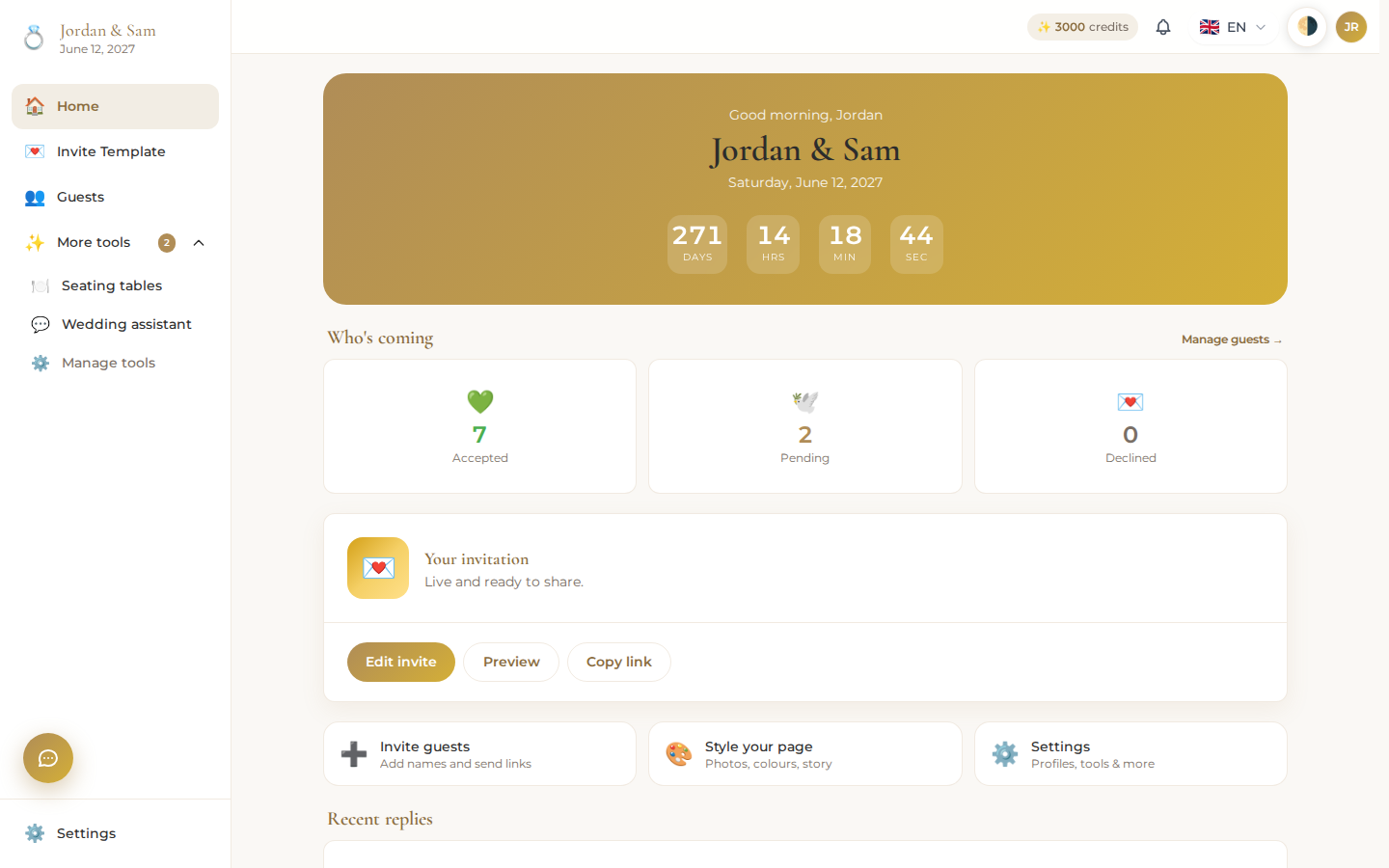 The wedding dashboard: a countdown banner, Who's coming stat tiles, an invitation card with Edit invite and Preview buttons, and quick actions for guests, styling, and settings