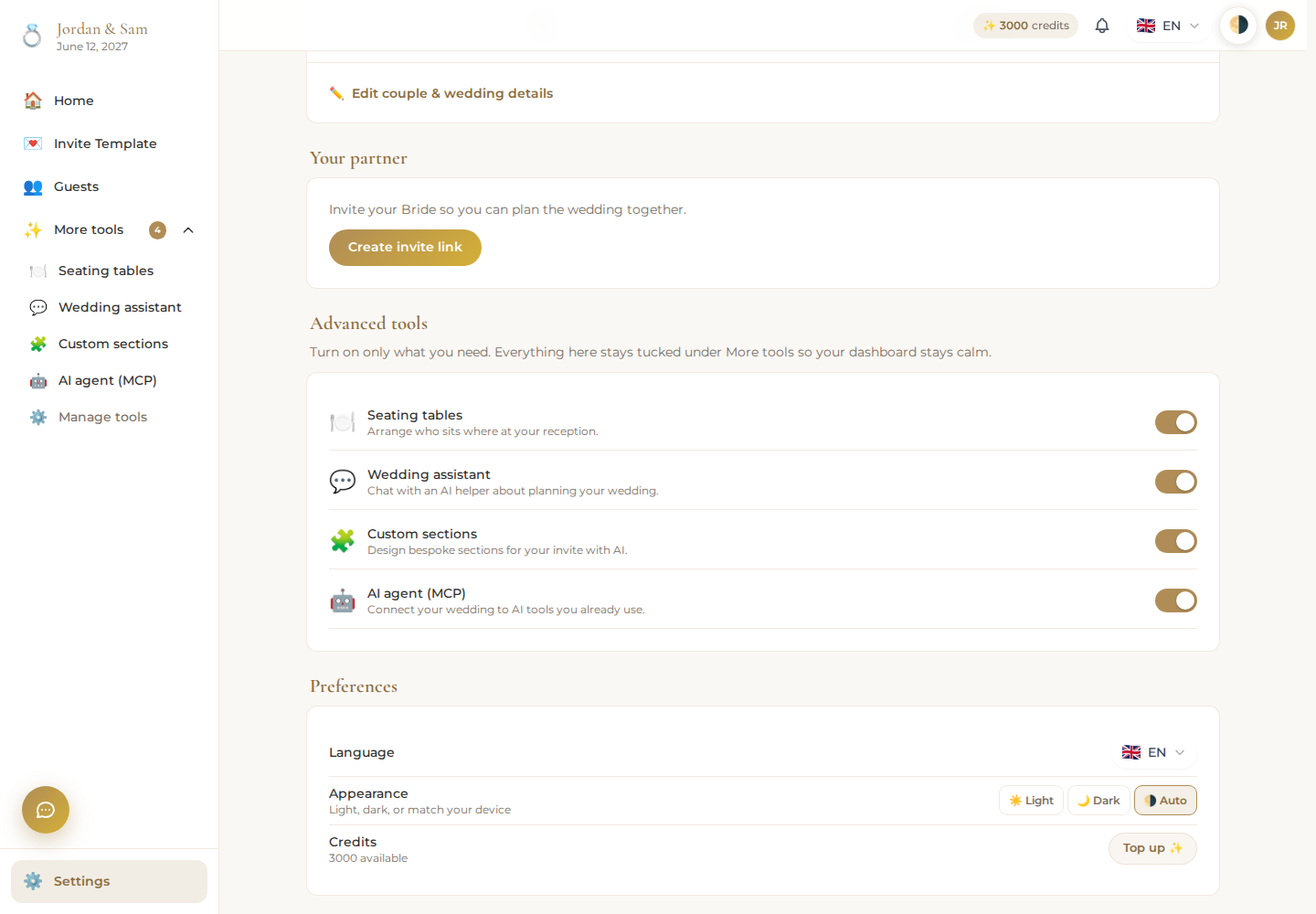 Settings → Preferences, signed in: the real wedding credit balance next to a Top up control