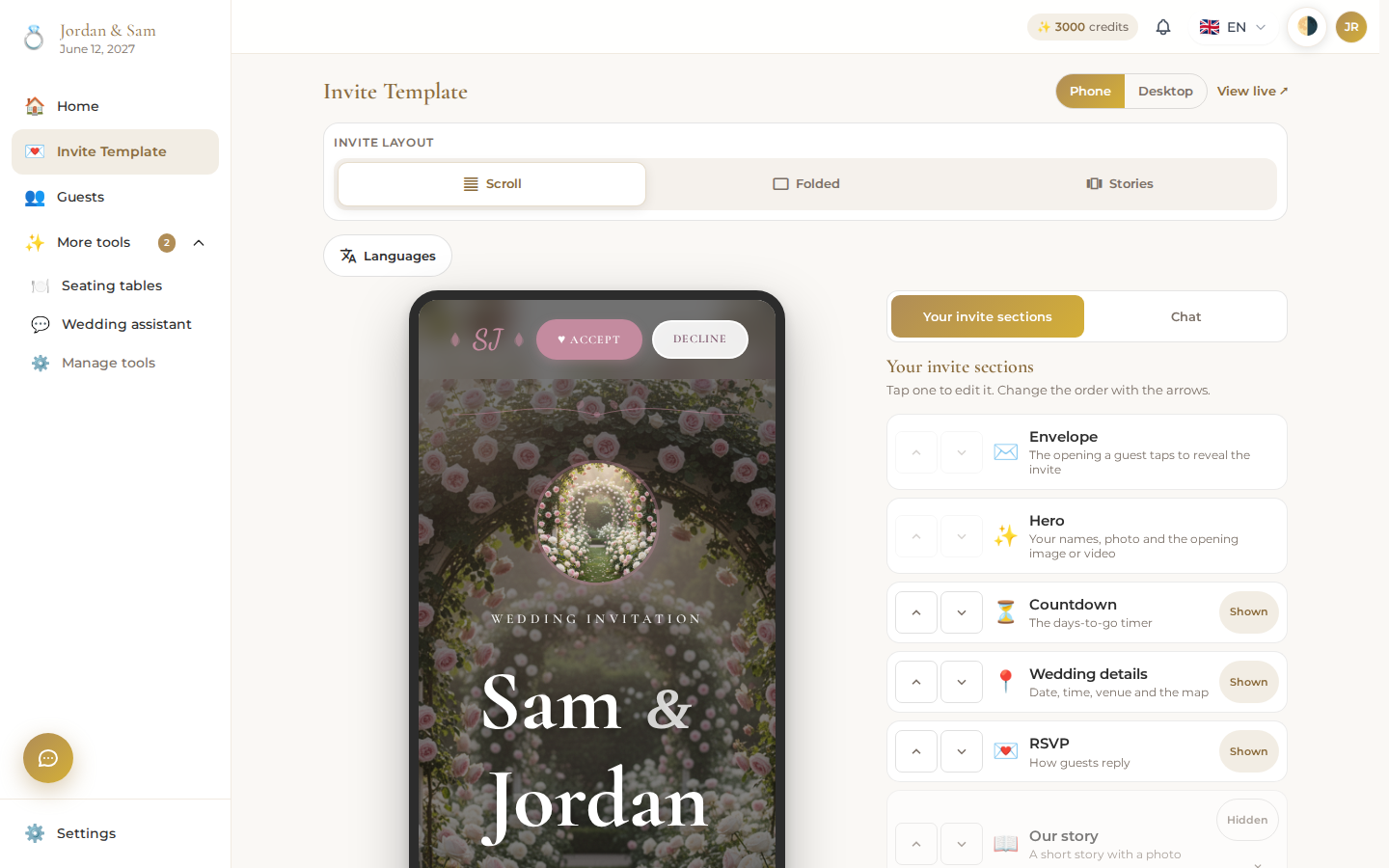 The Invite Template screen, signed in: a live phone preview on the left, repainted with the couple's own names right after picking a template, and the sections rail on the right listing Envelope, Hero, Countdown, Wedding details, and RSVP