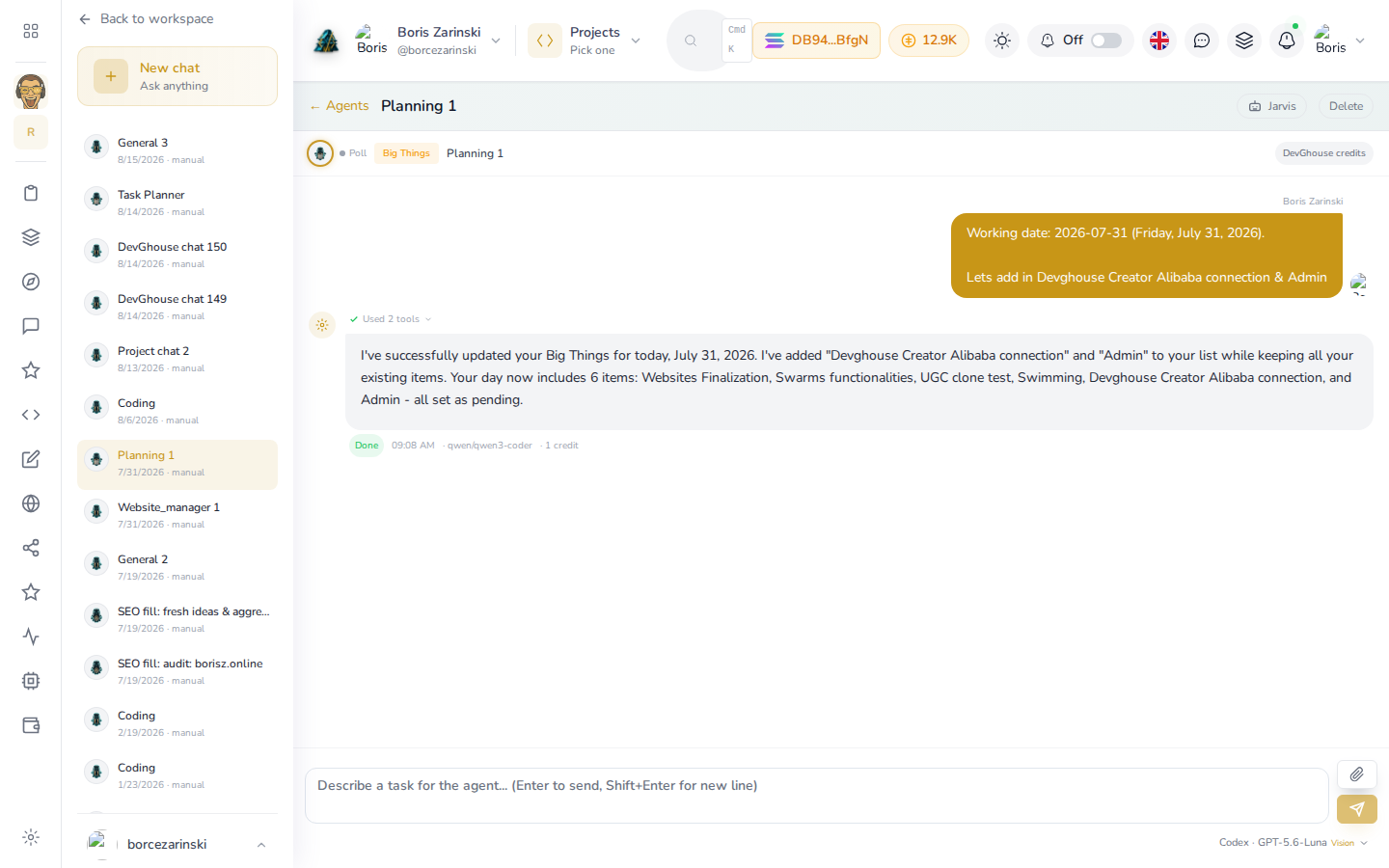 A real conversation open: a request to update the day's Big Things, the assistant's reply, and the tools it used