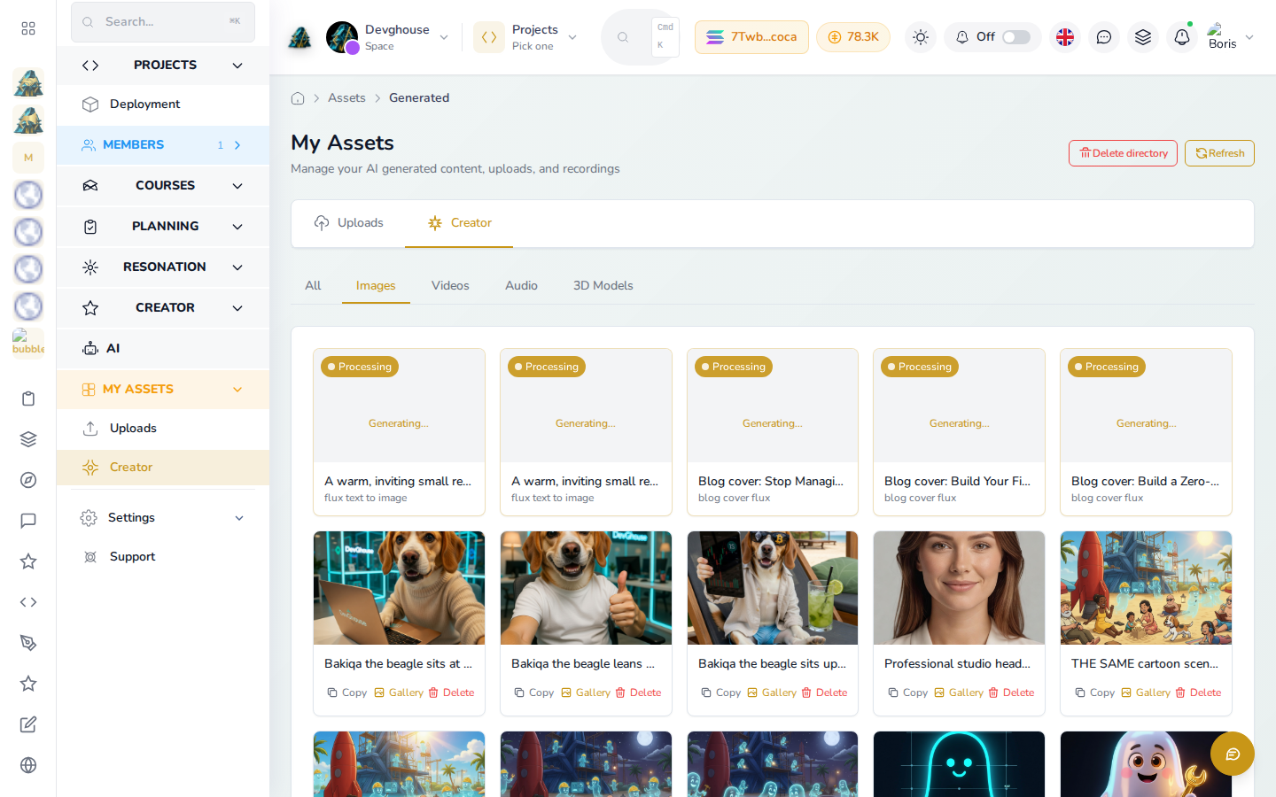 My Assets, filtered to Images from the Creator source: real generated thumbnails, some still Processing