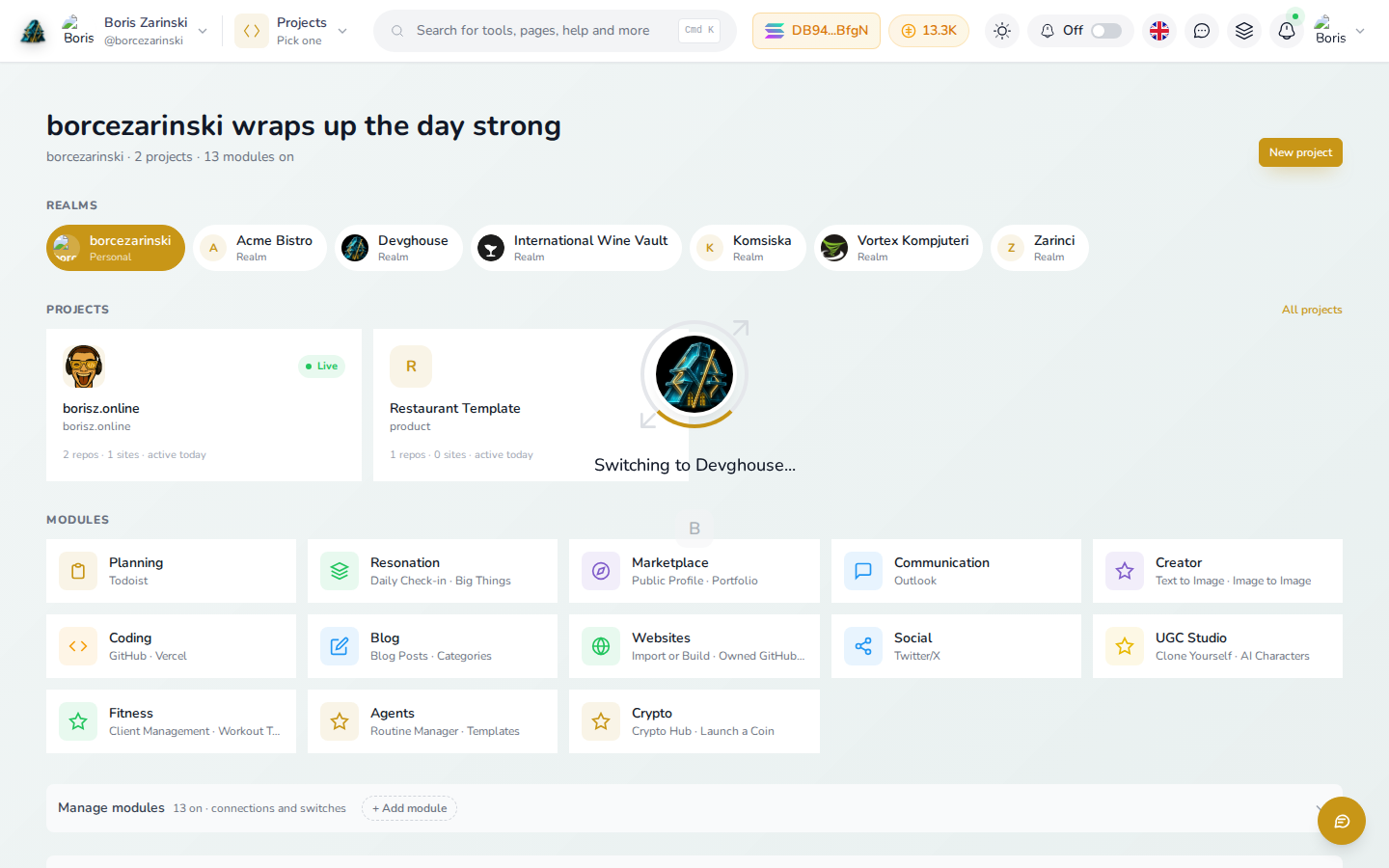 Dashboard mid-switch: clicking DevGhouse in the workspace row while real projects sit underneath