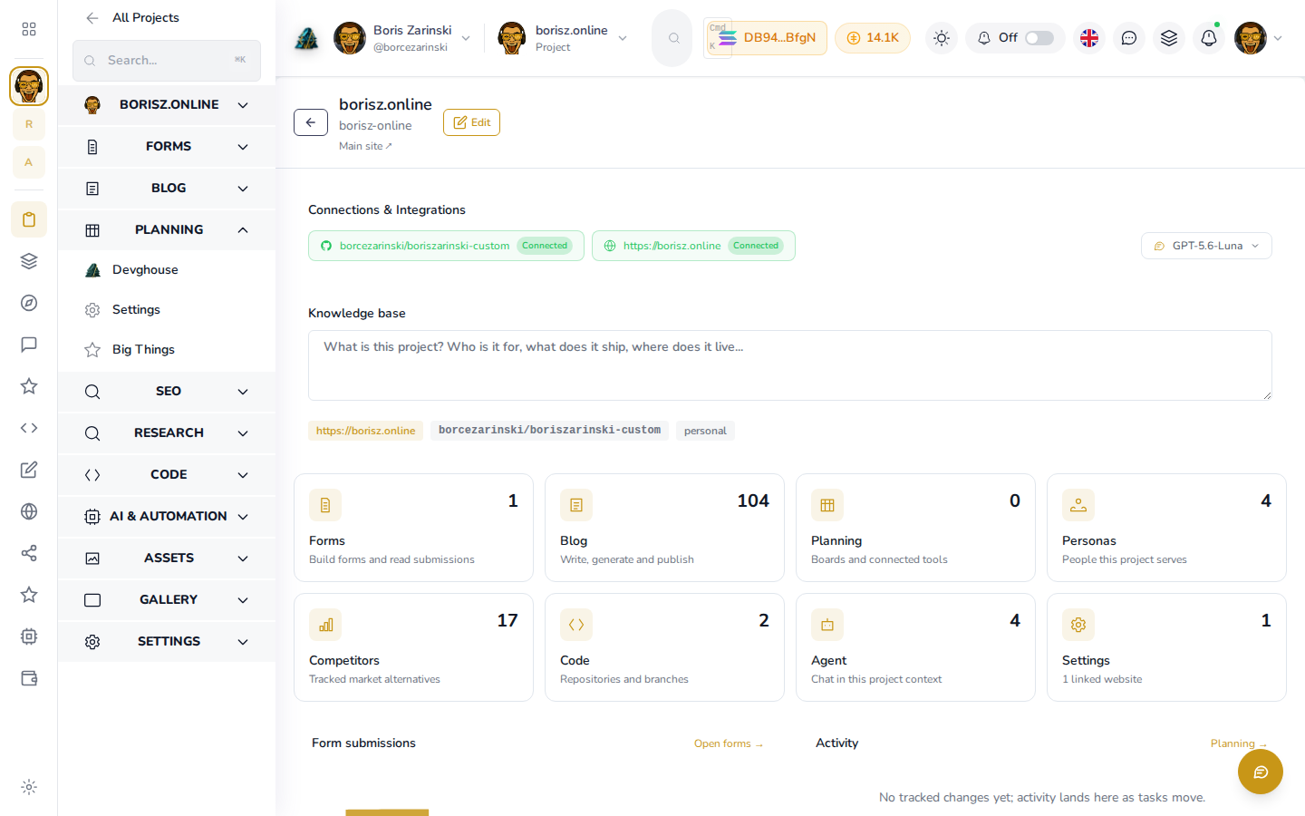 A real project overview page showing its website, forms, blog, planning, code, and AI chat tiles